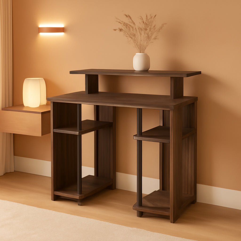 Walnut and Black Writing Desk With Shelves And Elevated Printer Shelf