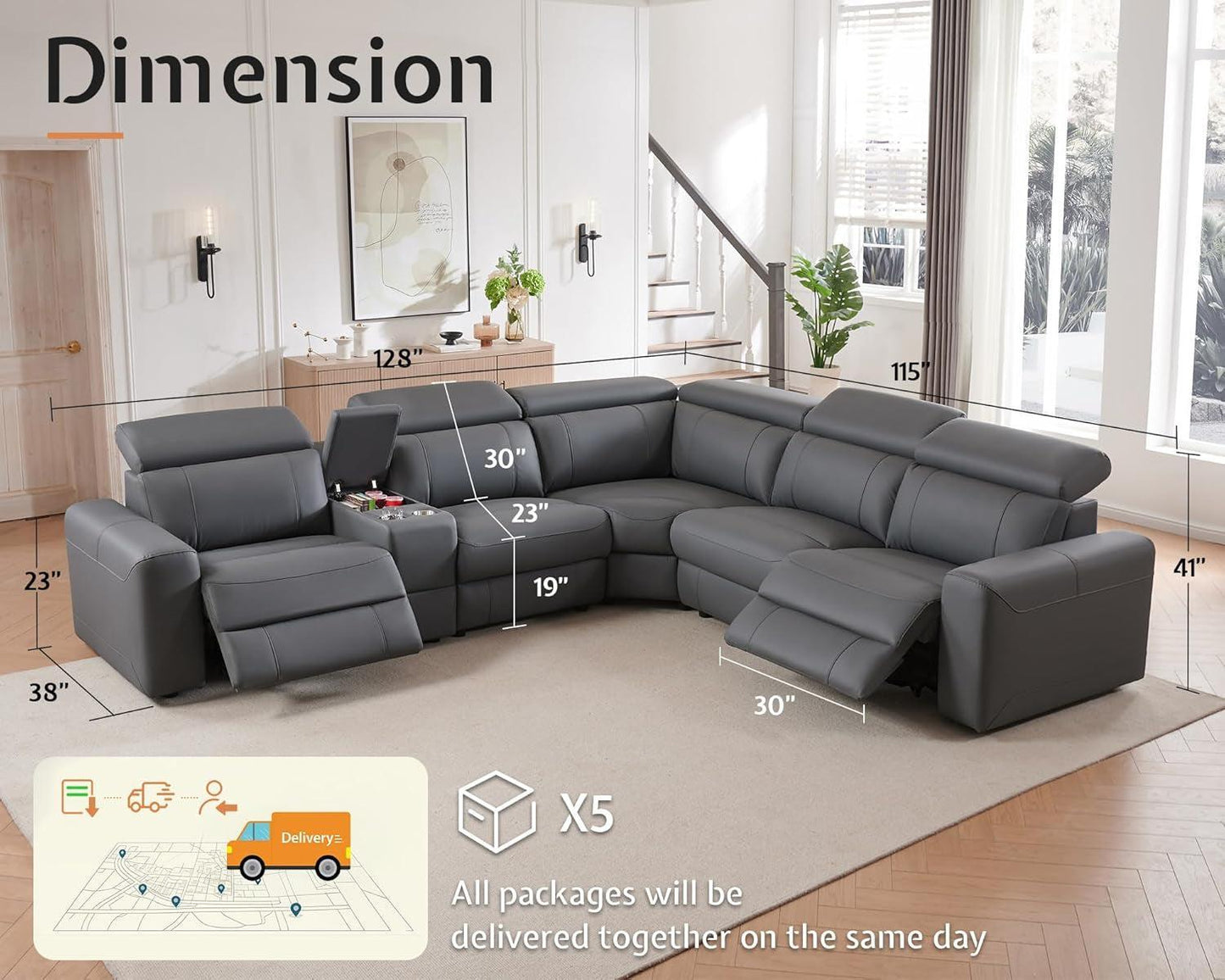 Grey Leather Power Recliner Sofa With Center Console
