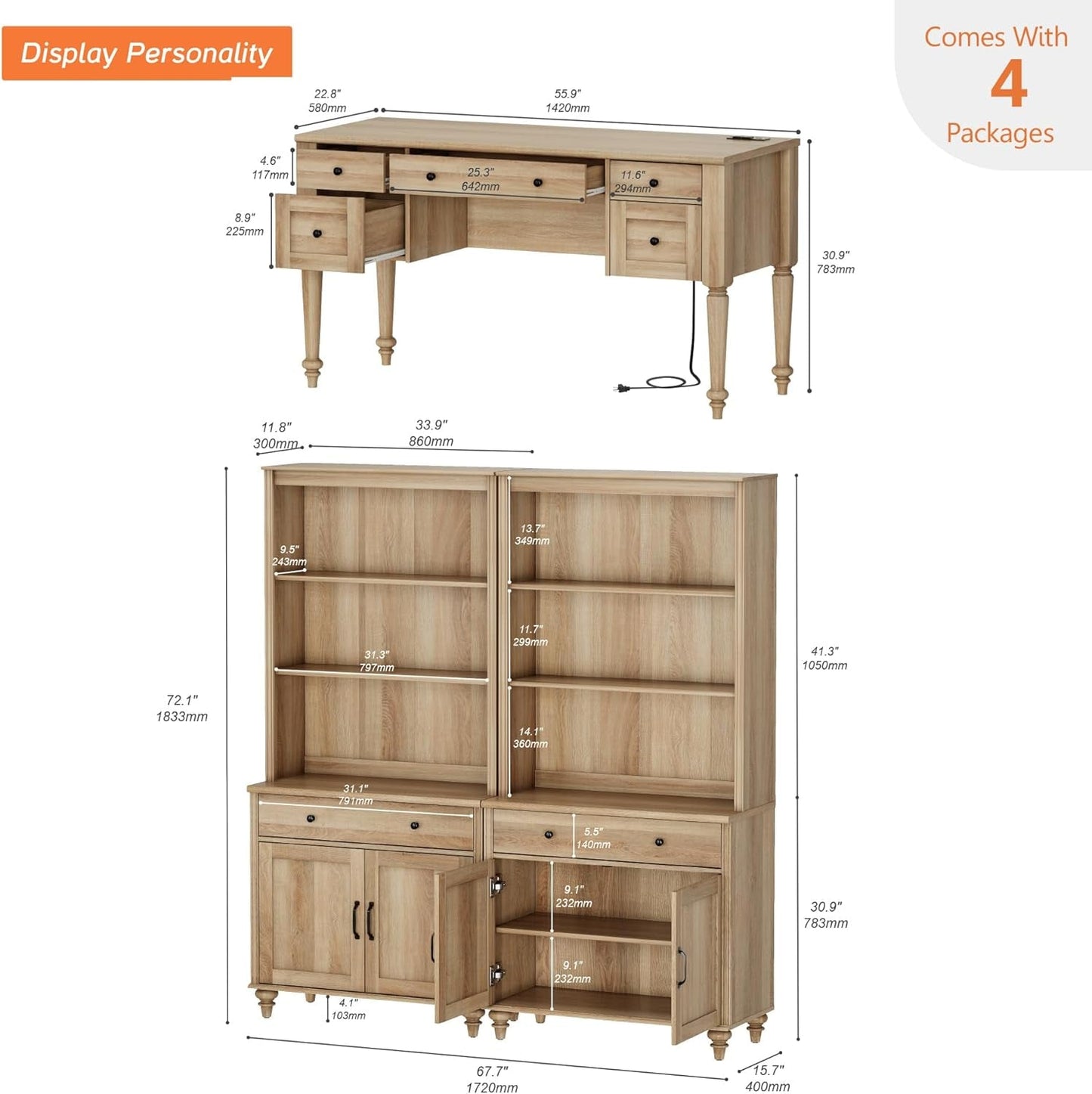 Elegant Oak 56 Inch Executive Desk Charging Station