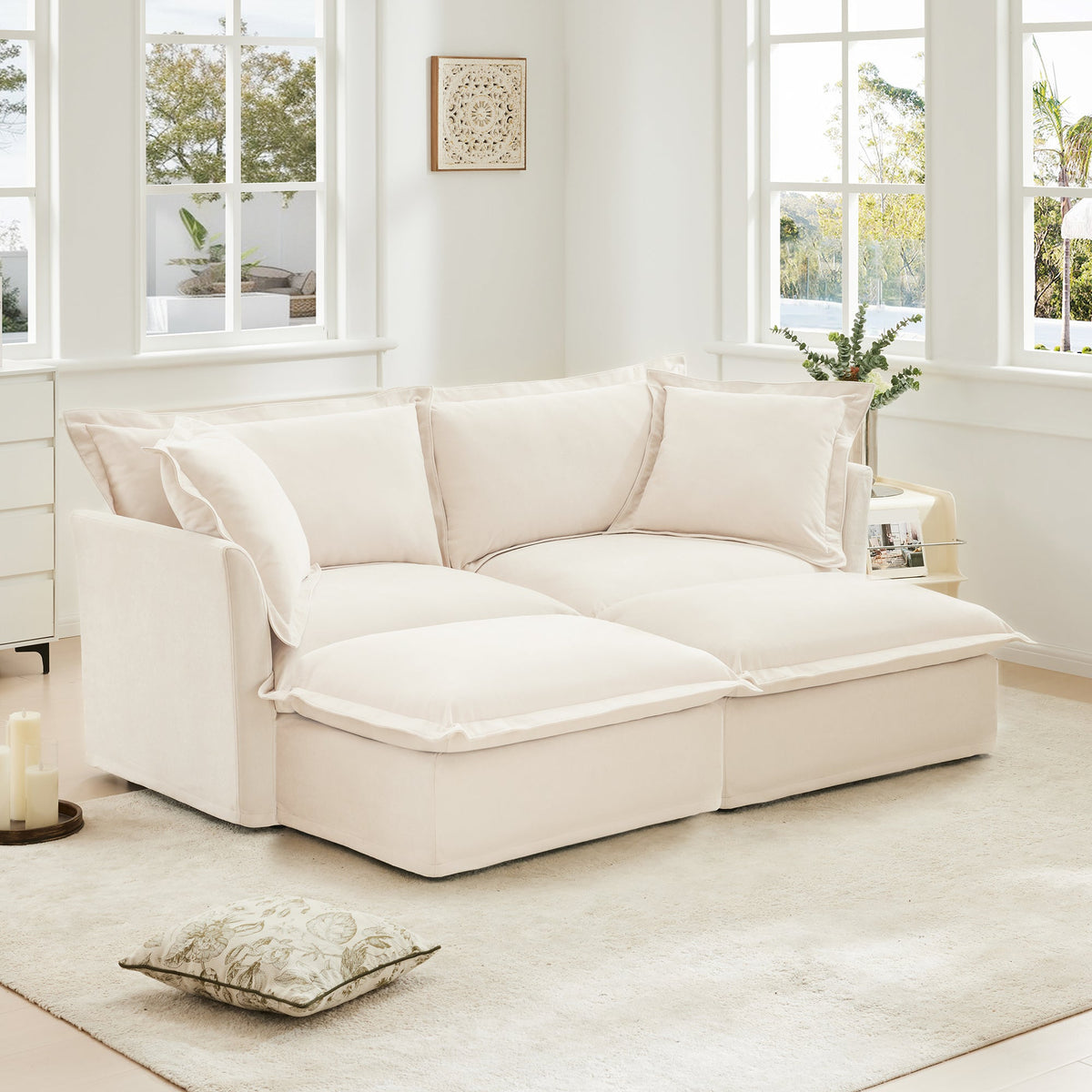 Chenille Slipcovered 2 Seater Sofa with 2 Ottomans