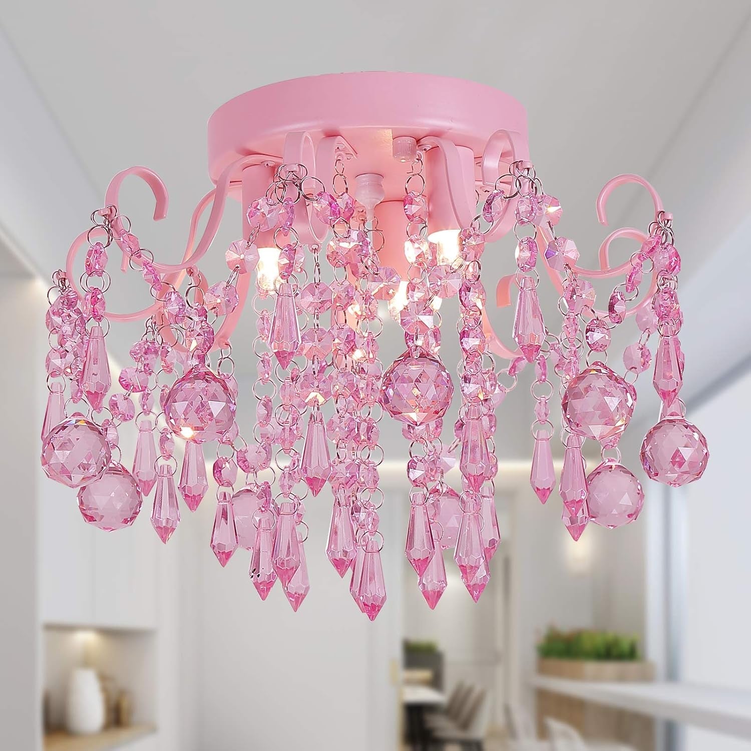 Pink Crystal Mini Chandelier 3 Light Semi Flush Mount with sparkling pink crystal accents.