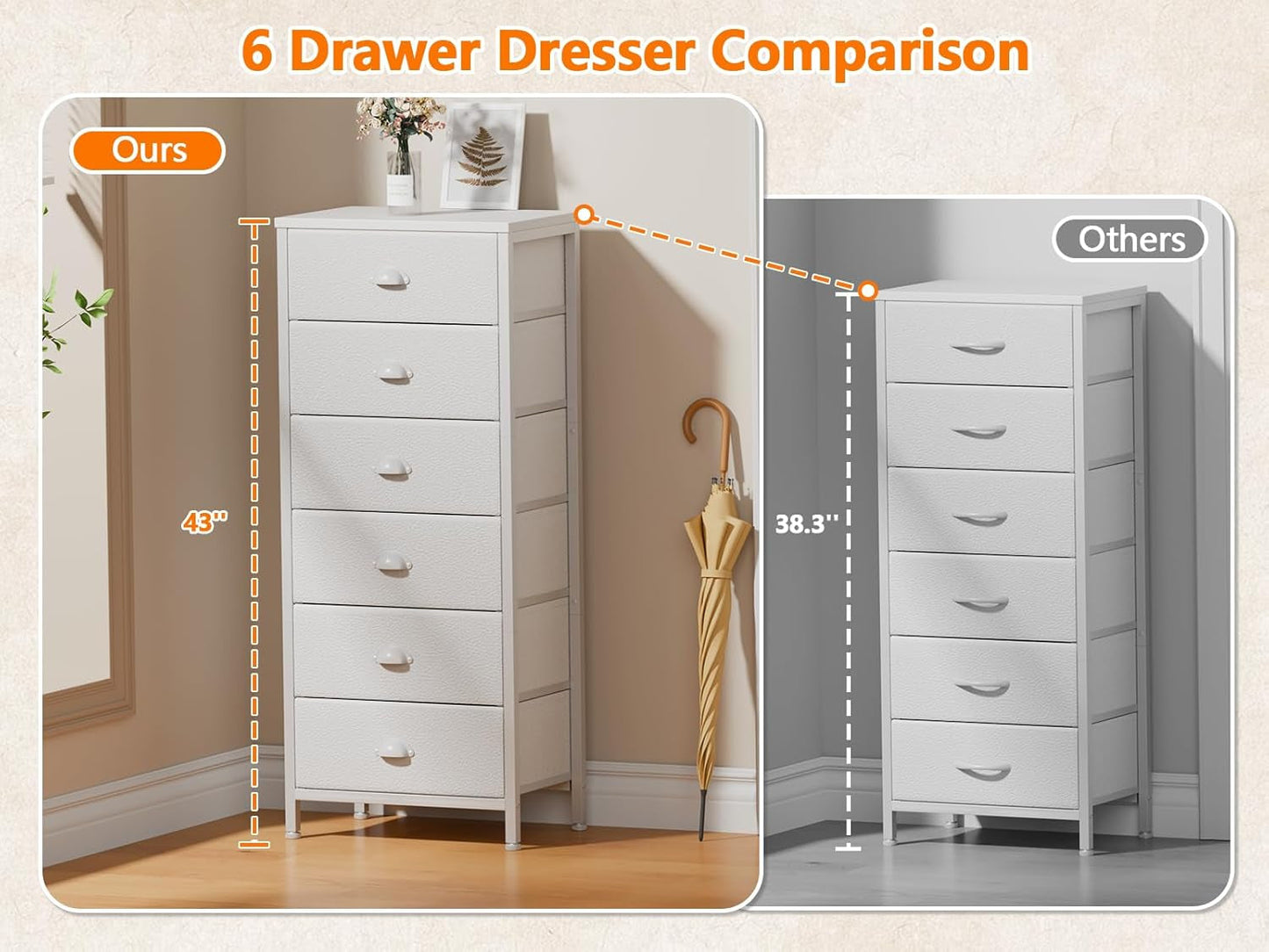 White Tall Dresser With Six Fabric Drawers For Organization