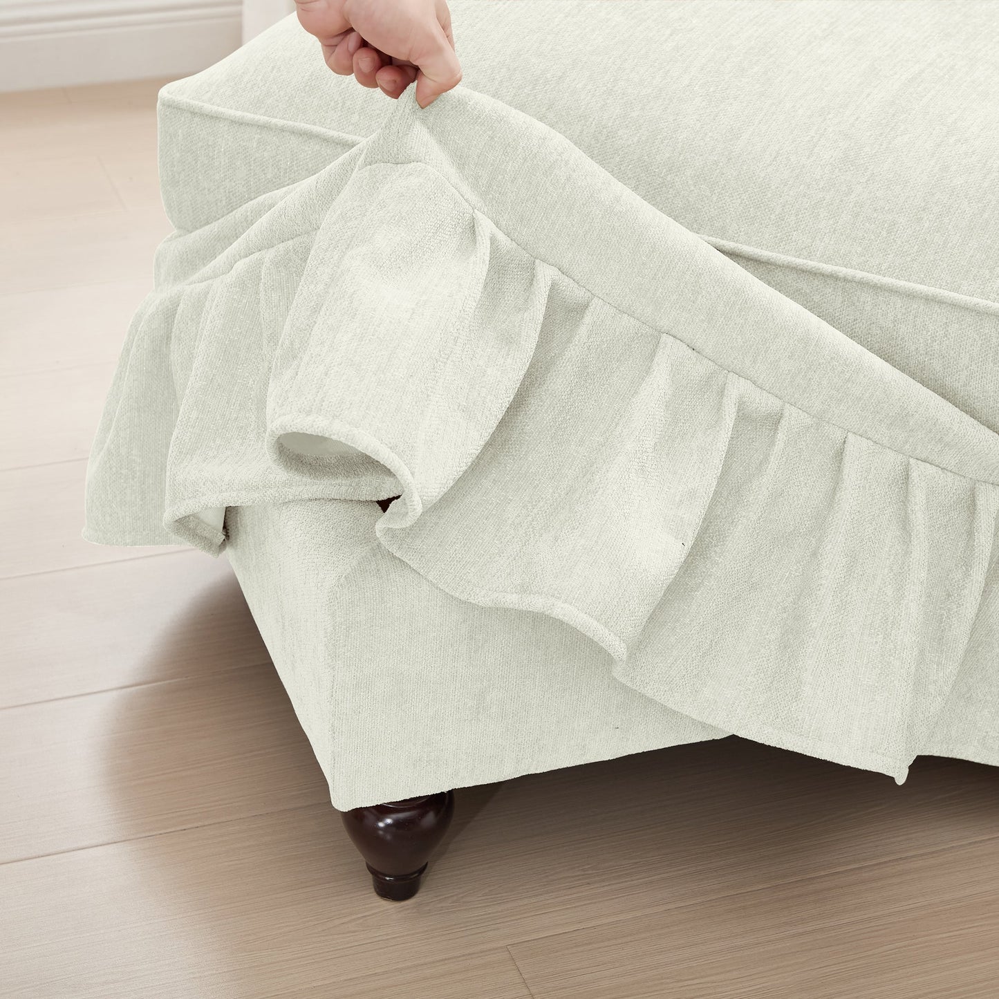 Classic Three Seater Modular L Shaped Sectional Couch with Flared Arms and Removable Ruffles Pleats Skirts and Spindle Legs, Comfy Chenille Four-Seat Deep Seat Sofa with Movable Ottoman, Beige White