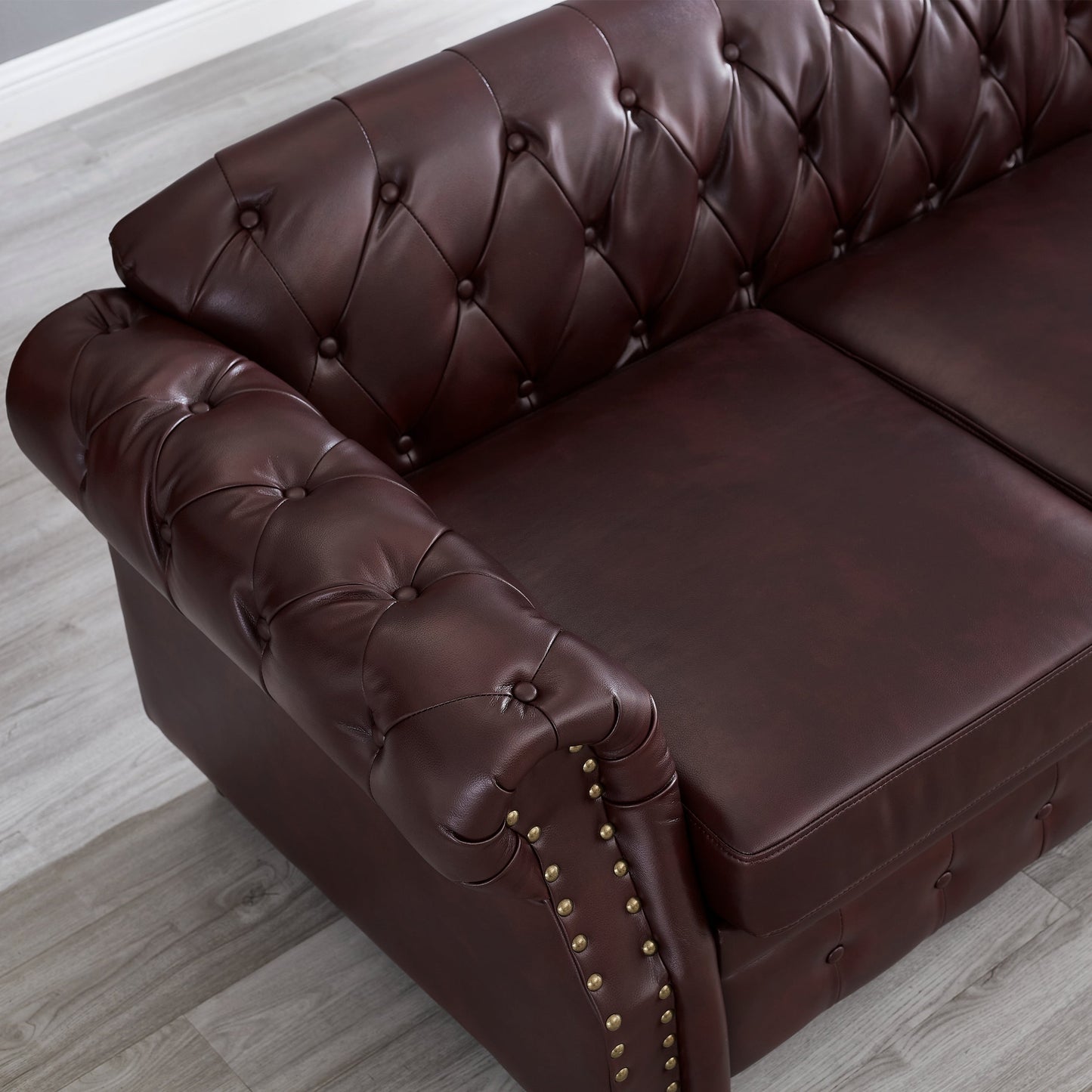 85.8' Living Room Chesterfield Sofa Classic Tufted Design Faux Leather PU Upholstered Sofa with Storage (Burgundy)