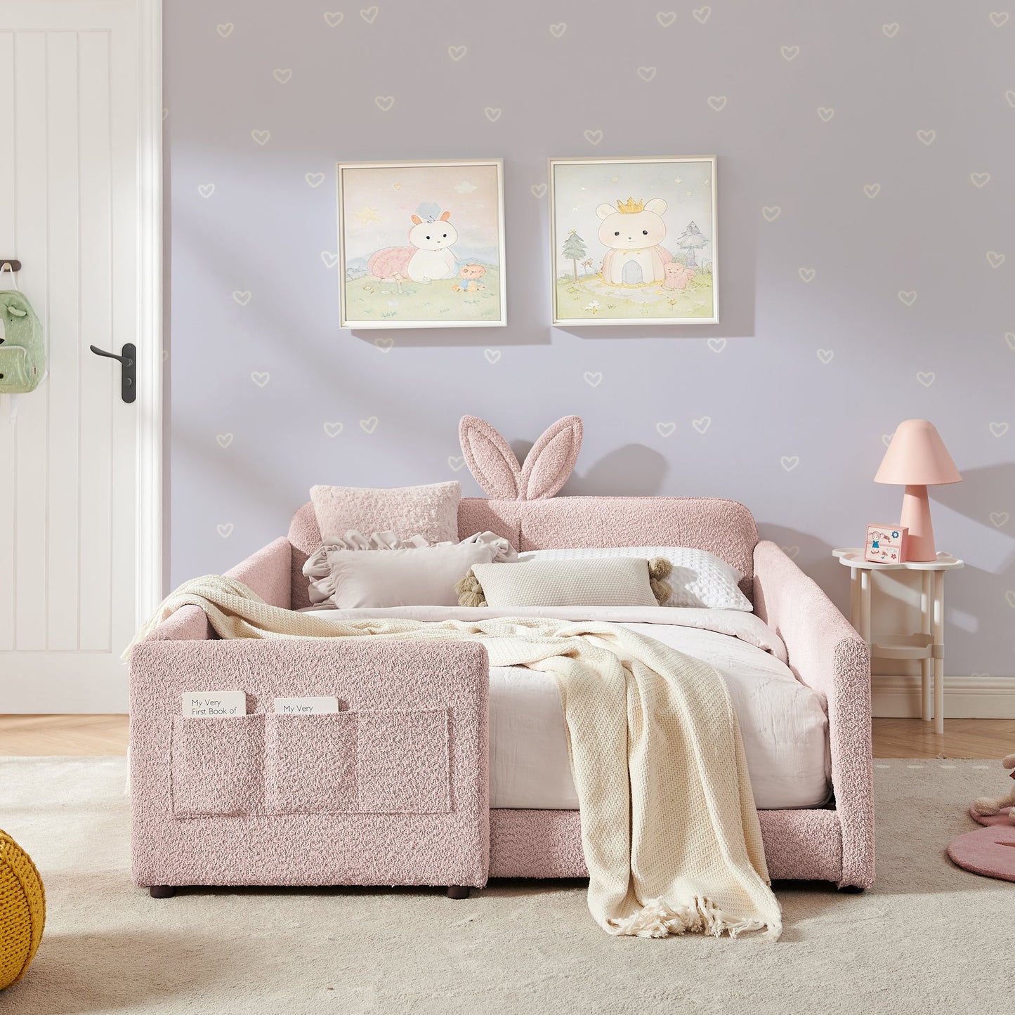 Full Size Upholstered Platform Bed with Cute Rabbit Ear Headboard