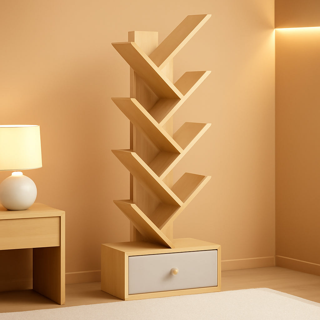 8 Tier Tree Bookshelf With Drawer Natural Wood Bookcase