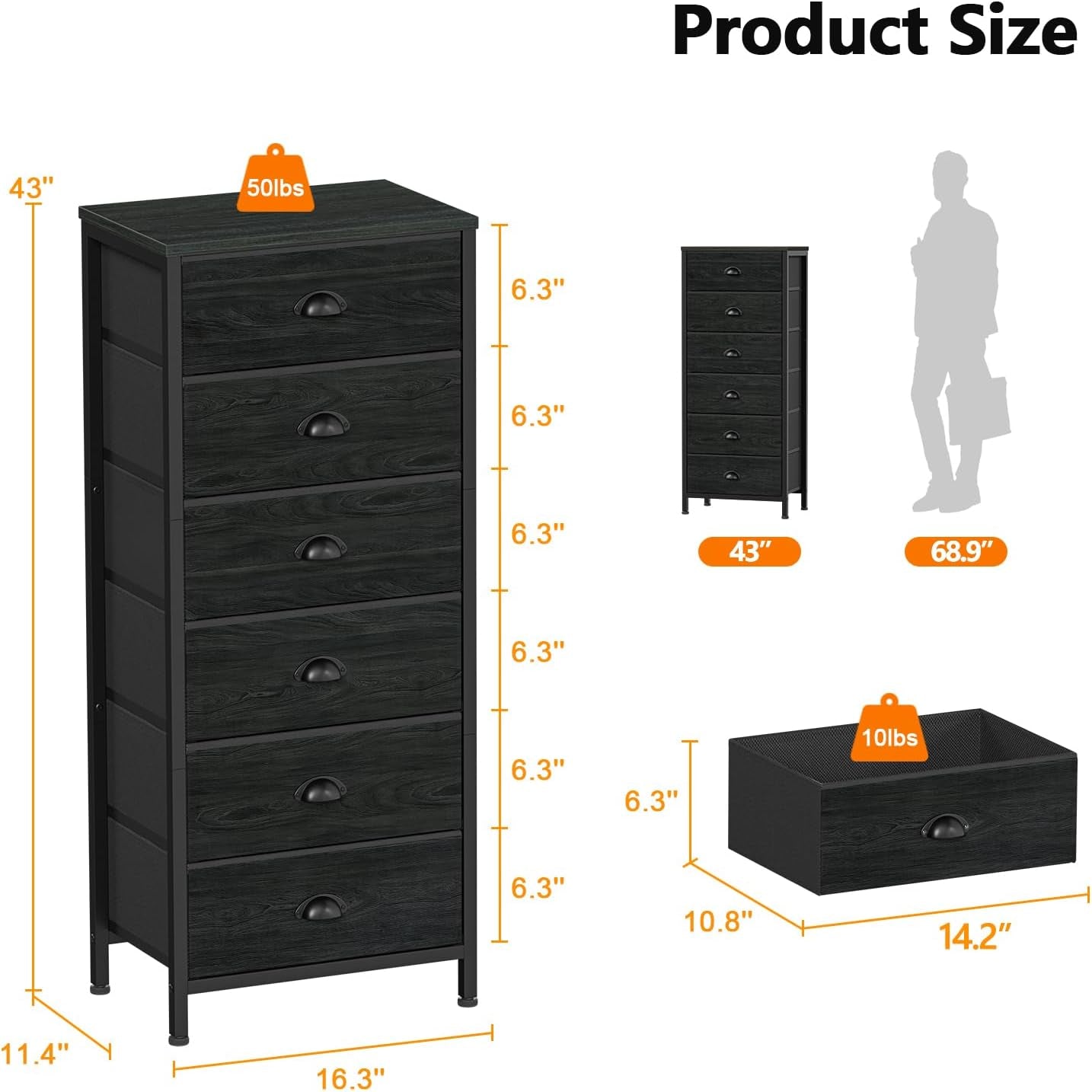 Tall Dresser With 6 Drawers Black Vertical Nightstand