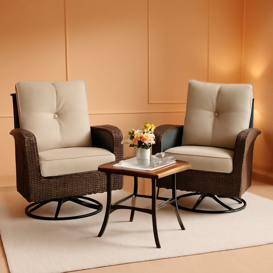 Two Outdoor Swivel Wicker Glider Patio Chairs With Table Set Brown Rattan And Beige Cushions