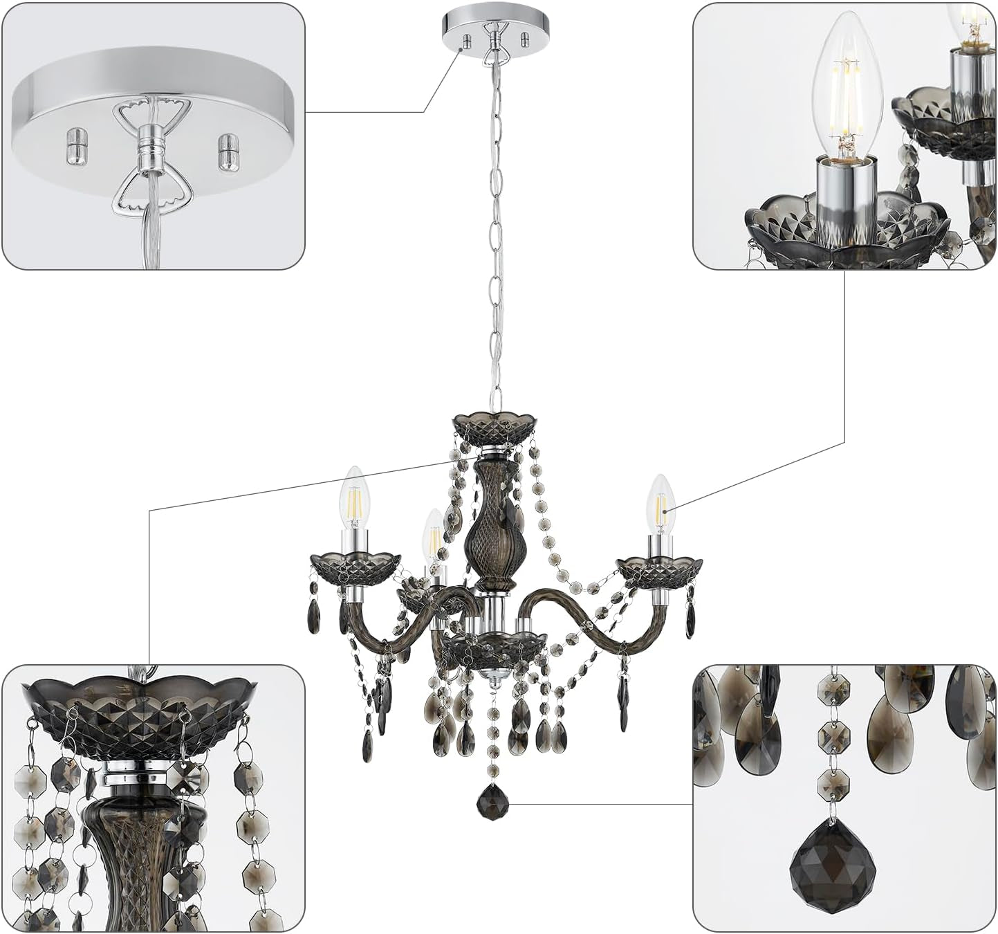 Black Small Crystal Chandelier Dimmable 3 Light Pendant