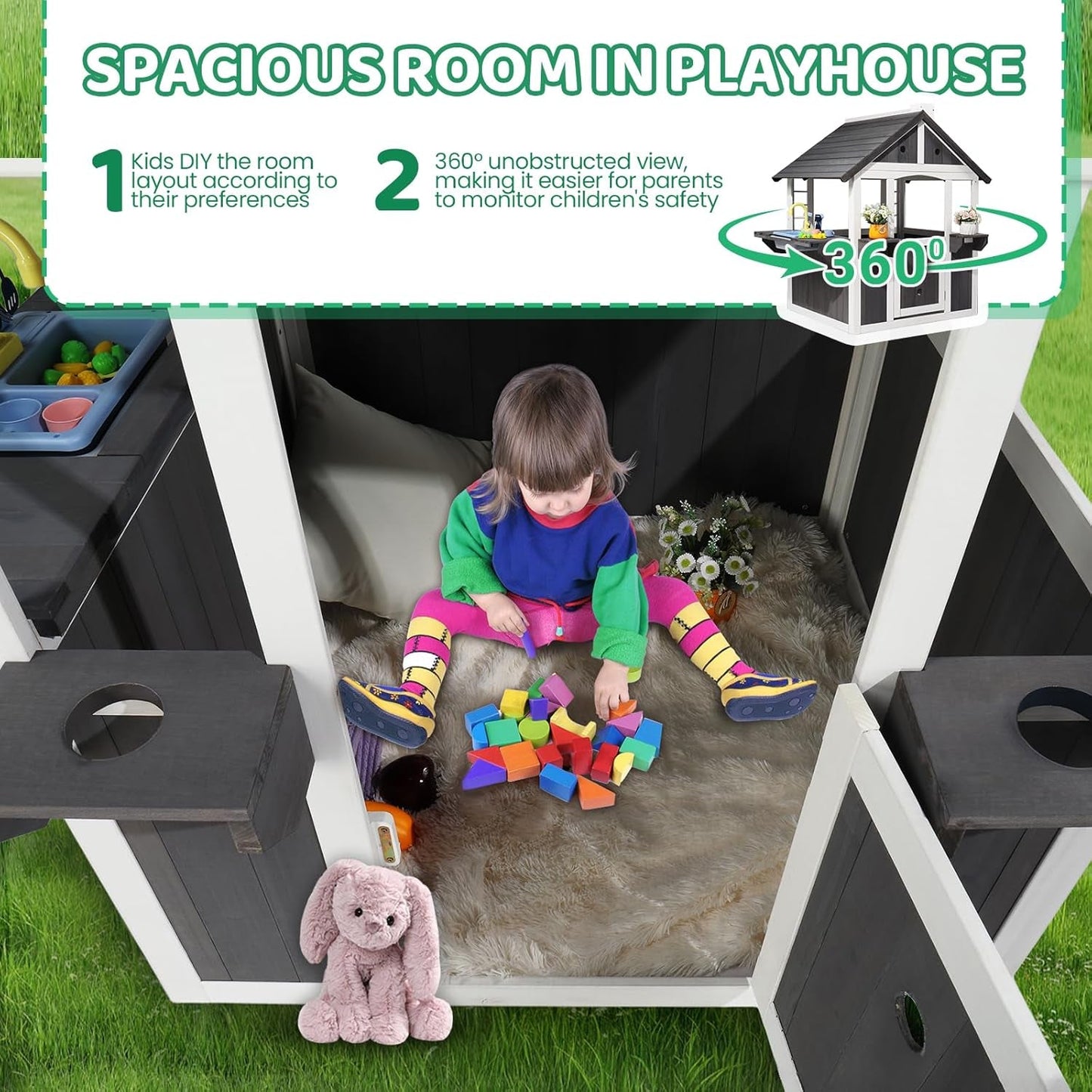 Wooden Outdoor Playhouse Gray White Integrated Sink