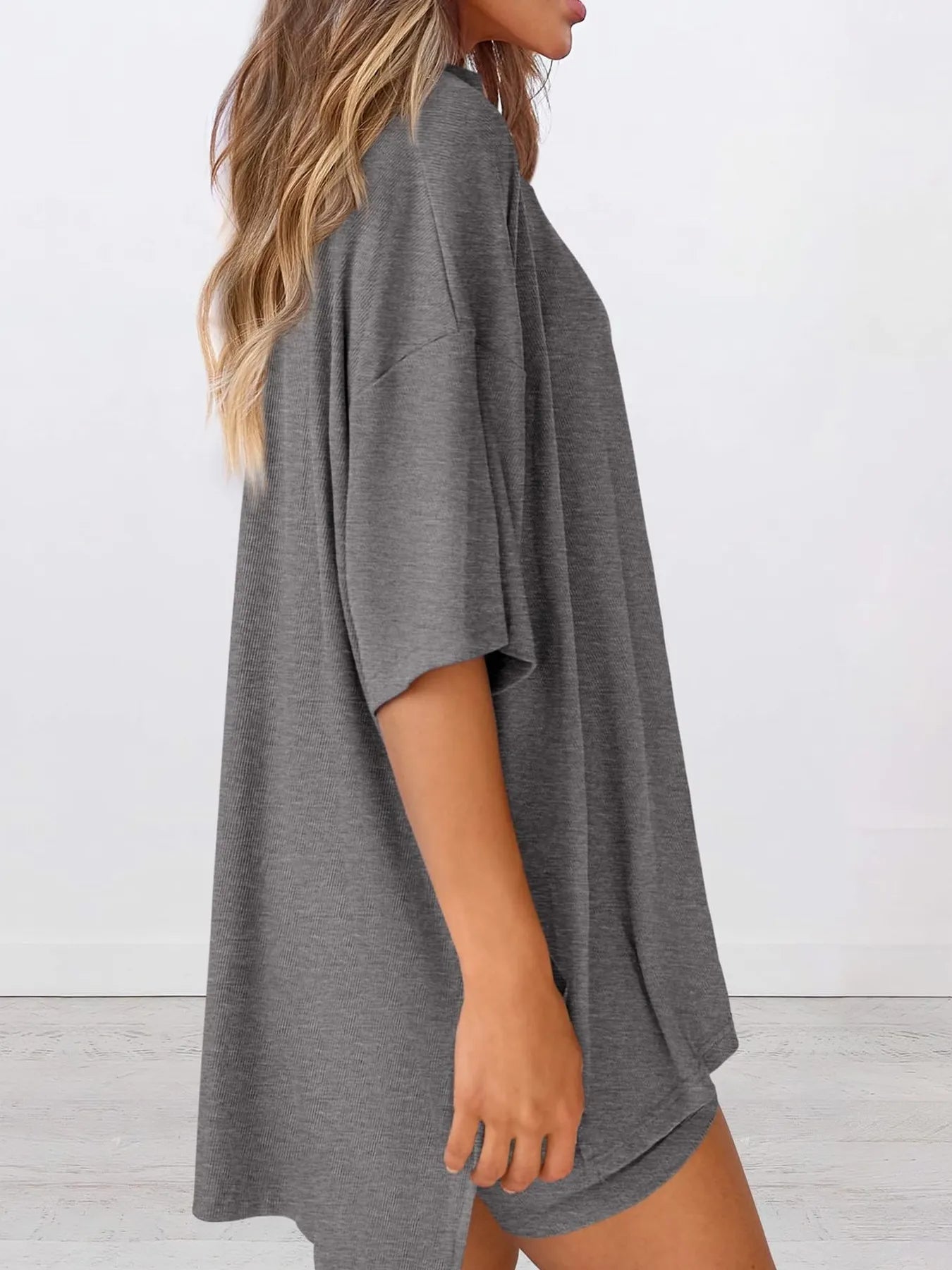 Oversized Slit Round Neck Top and Shorts Lounge Set Plus Size