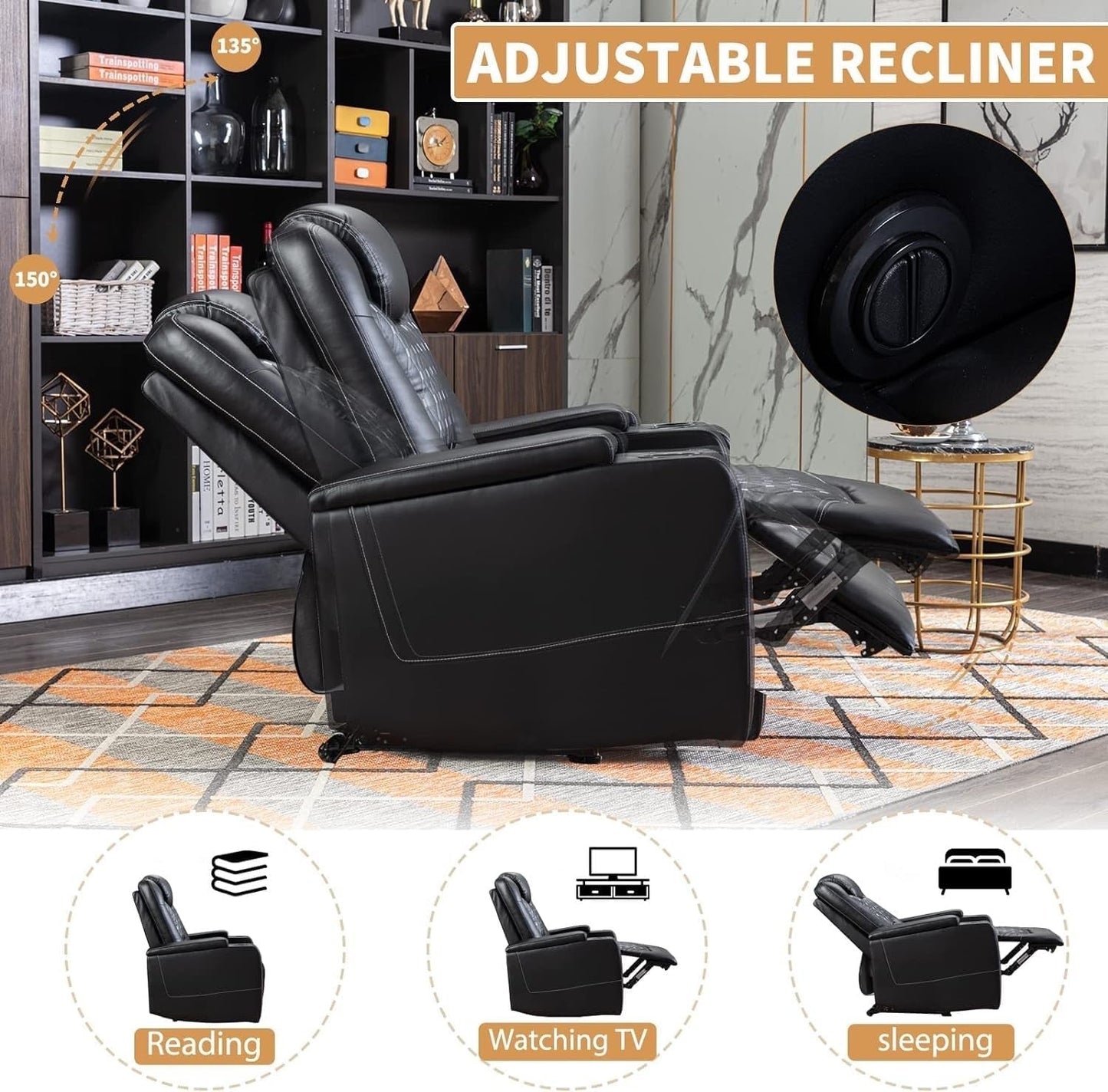 Power Recliner Chair With USB Ports And Cup Holders Black
