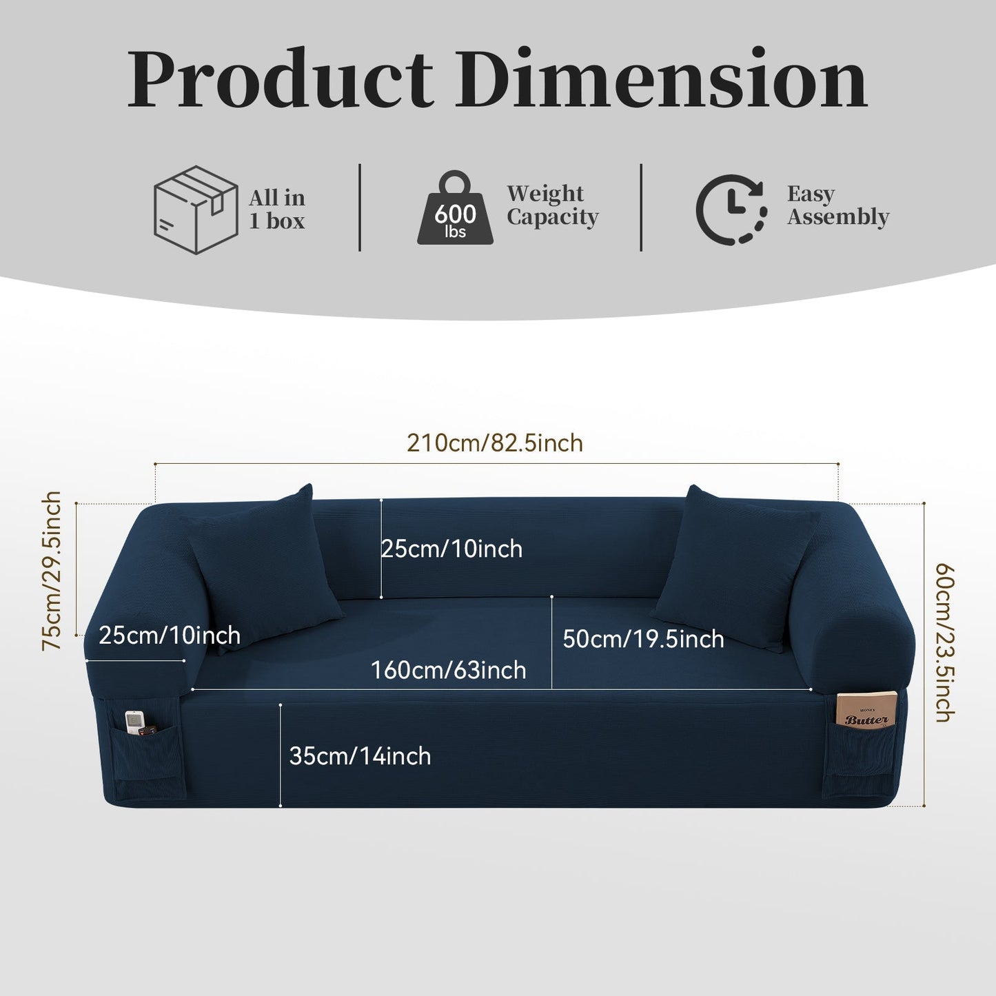 Spring Sofa with High-Quality Fabric, Pillows & Storage in Blue