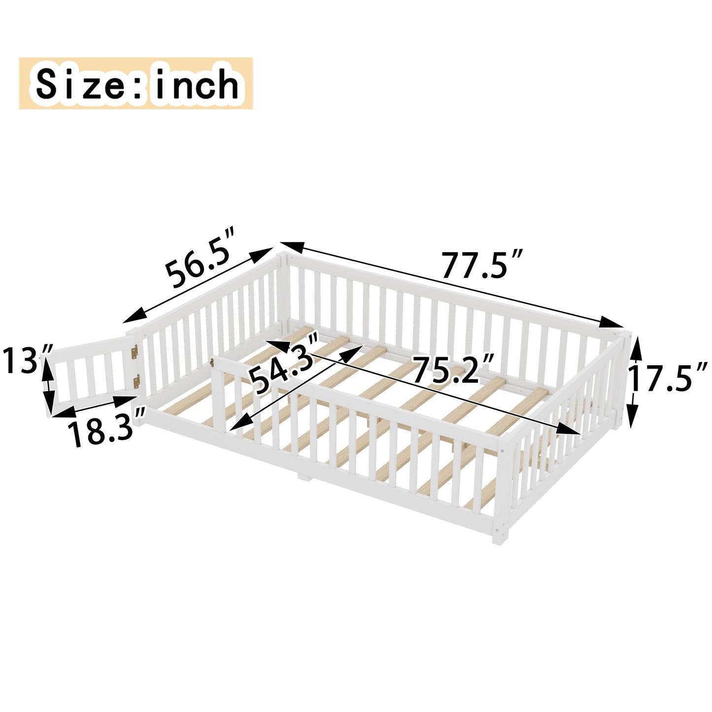 Full Size Bed Floor Bed with Safety Guardrails and Door for Kids, White(Old SKU: W1580P154625)