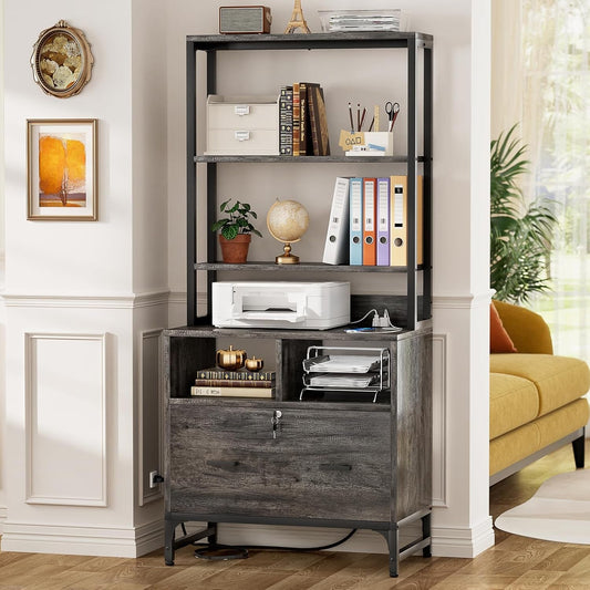 Grey File Cabinet With Charging Station And Locking Drawer