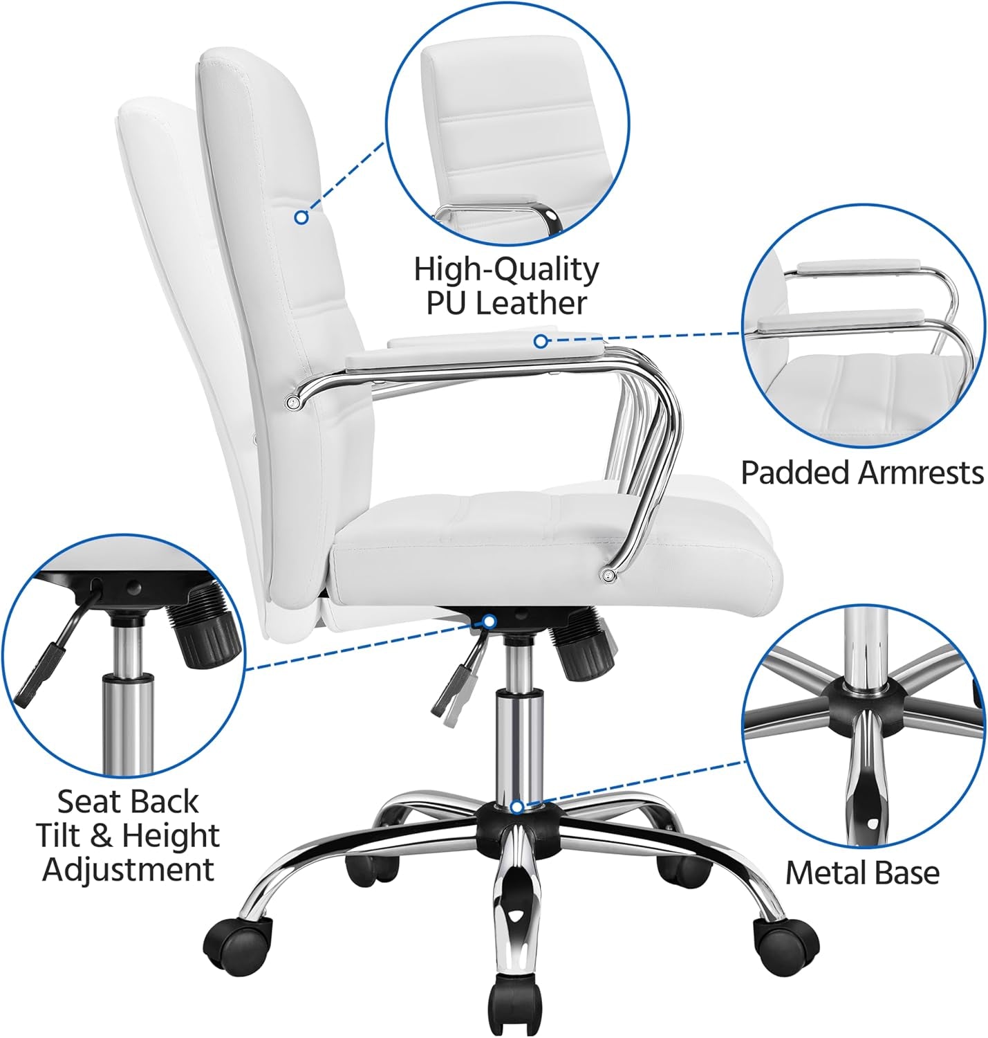 White Leather Ergonomic Office Chair With Height Adjustment