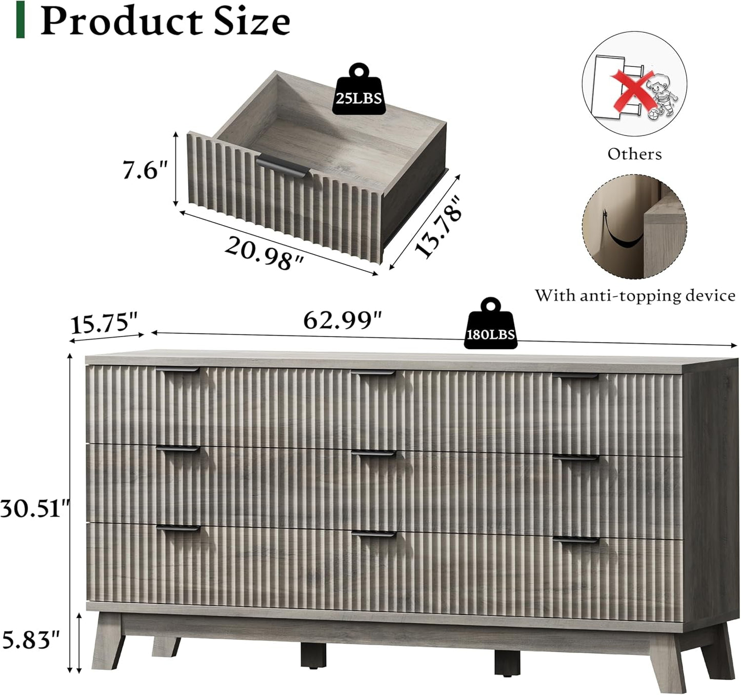 63 Inch Dresser Charcoal Grey Finish With Wave Fluted Panel And 9 Drawers