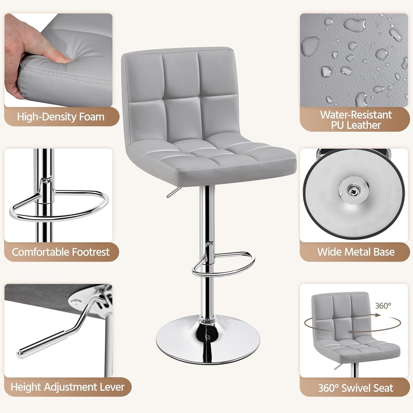 Bar Stools 2 Pack Adjustable Gray PU Leather Counter Height