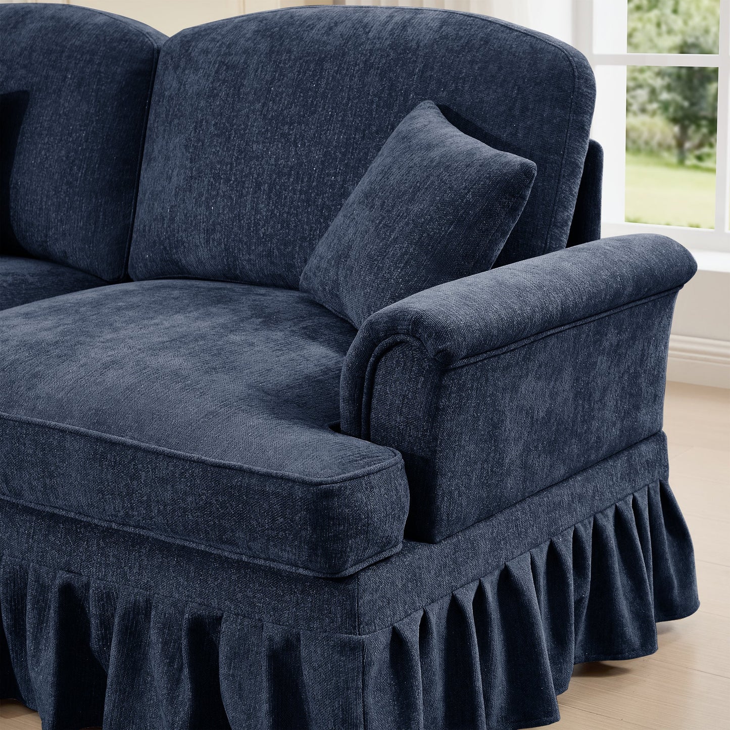 Mid Century Three Seater Modular L Shaped Sectional Couch with Flared Arms and Removable Ruffles Pleats Skirts and Spindle Legs, Comfy Chenille 3-Seat Deep Seat Sofa with Movable Ottoman,Blue