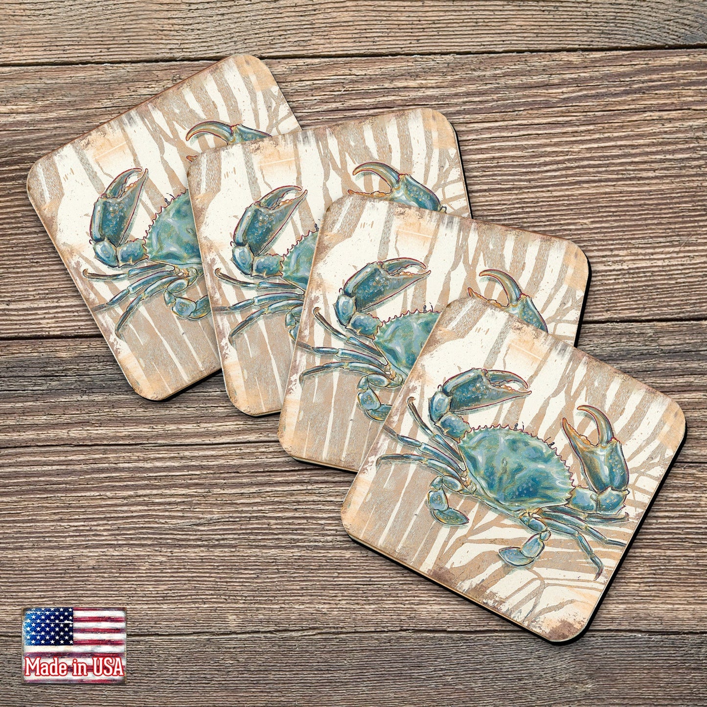 Crab  Wooden Cork Coastal Coasters Gift Set of 4 by Nature Wonders - 95224-2C-S4