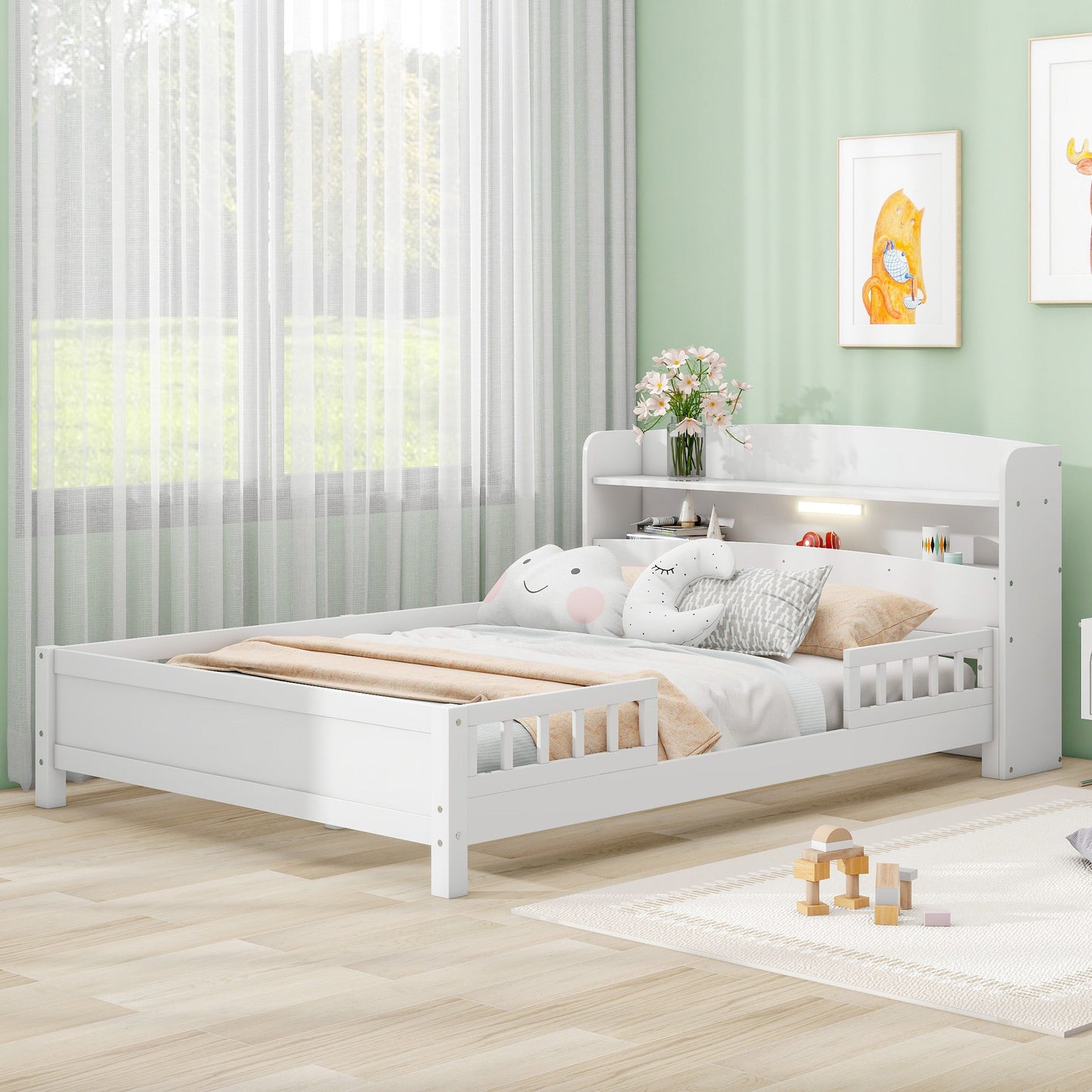 Wood Full Size Platform Bed with Built-in LED Light
