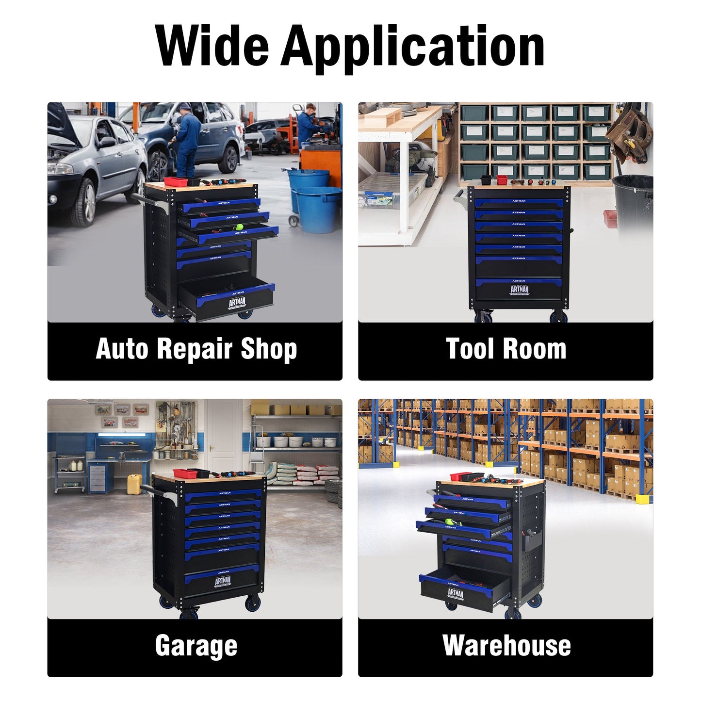 30-inch 7-drawer Wood-top Practical Rolling Steel Tool Cart, With Handle and Wheels, Storage Cabinet for Garages, Warehouses, Repair Shops, Requires Assembly of the the Tool Cart - Black & Blue