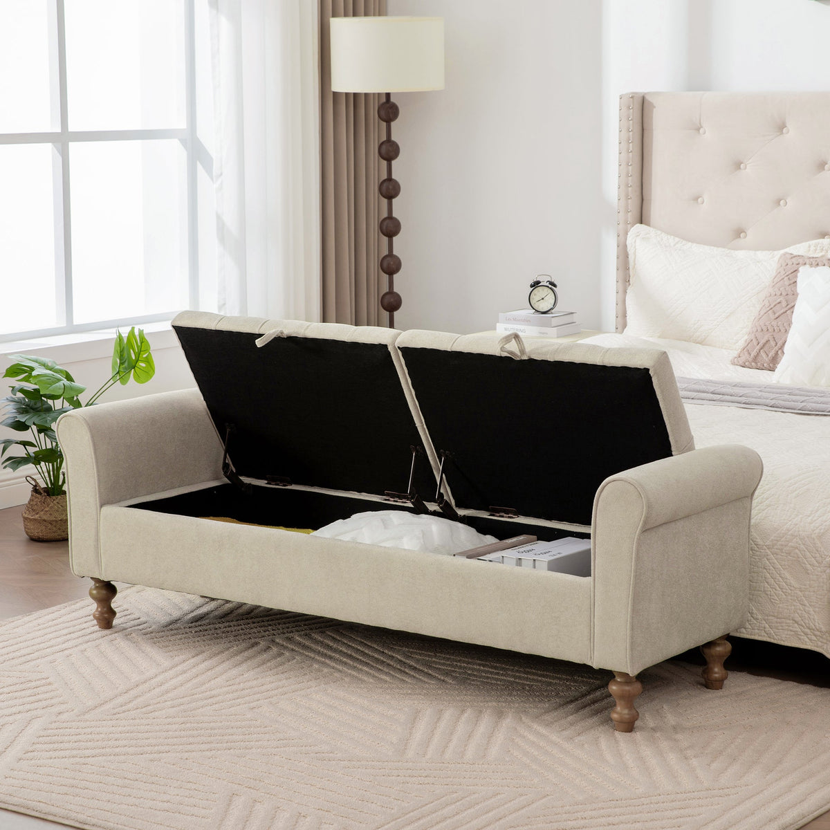 65.75" Wide Modern Upholstered Storage Bench With Double Lids