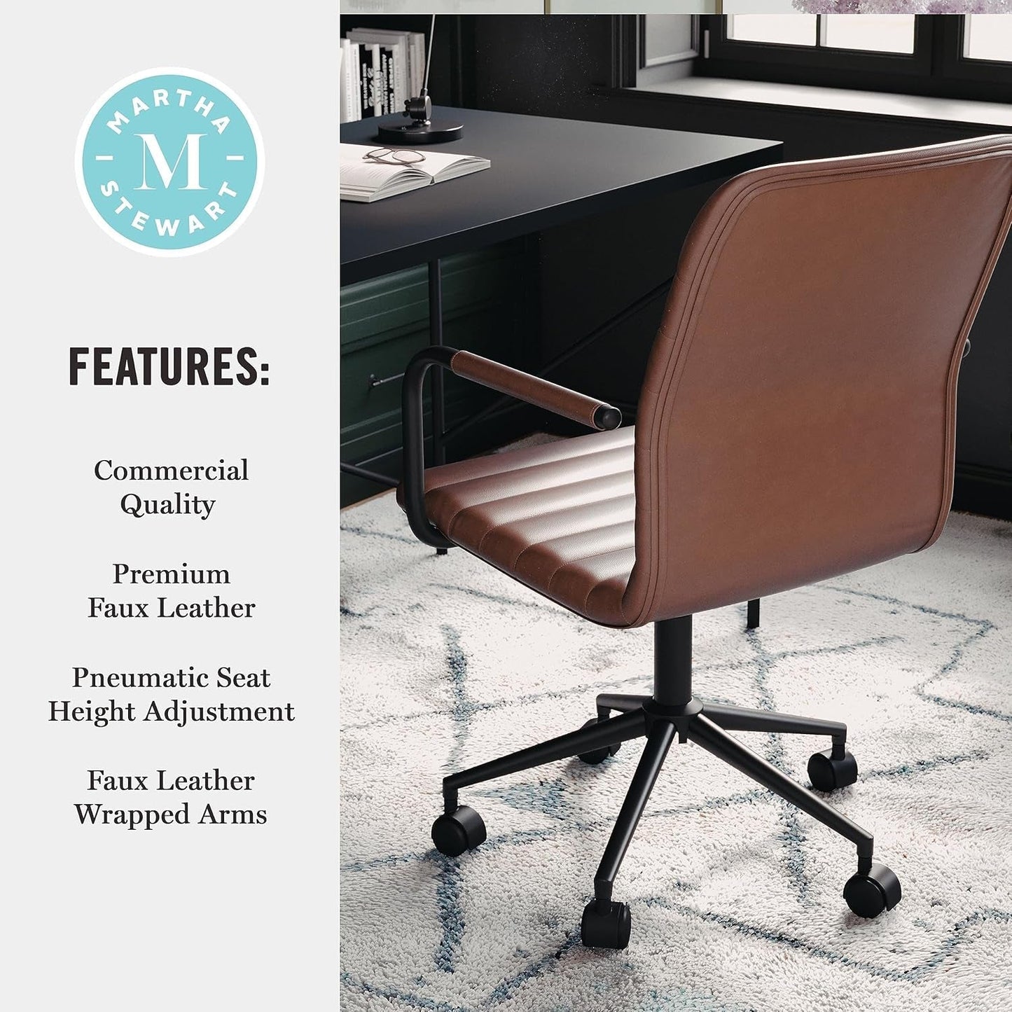 Saddle Brown Faux Leather Swivel Task Chair With Armrests