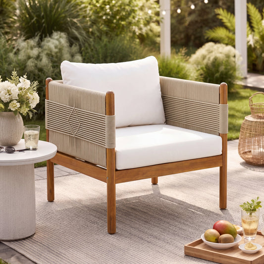 Outdoor Acacia Wood Club Chair with Diamond Rope Weave & Cushions