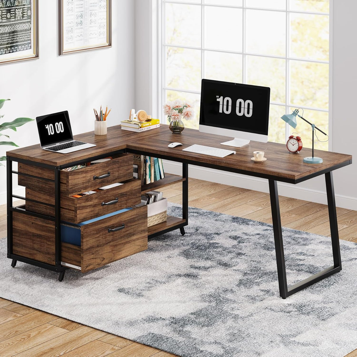 53" Reversible L-Shaped Computer Desk with 3 Drawers