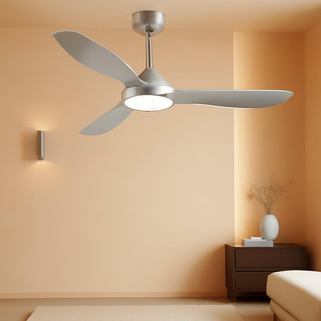 52 Inch Quiet DC Motor Ceiling Fan With LED Lights Remote Control in modern silver finish, brightening a cozy room.