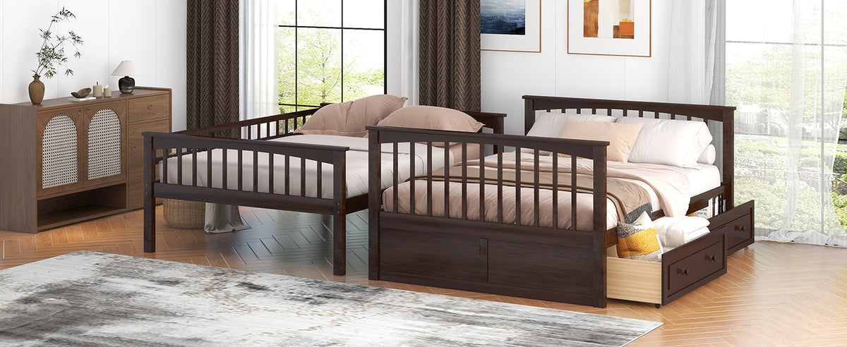 Full Over Full Bunk Bed With Drawers, Convertible Beds, Gray