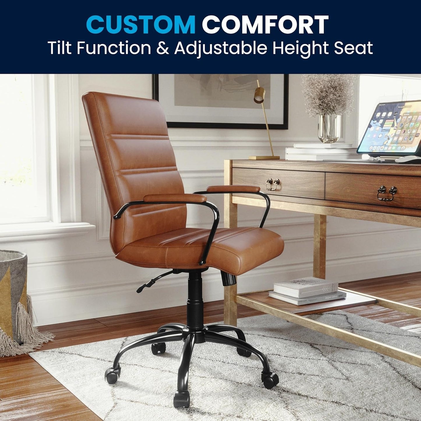Whitney Mid-Back Leather Desk Chair Brown Black Adjustable Height