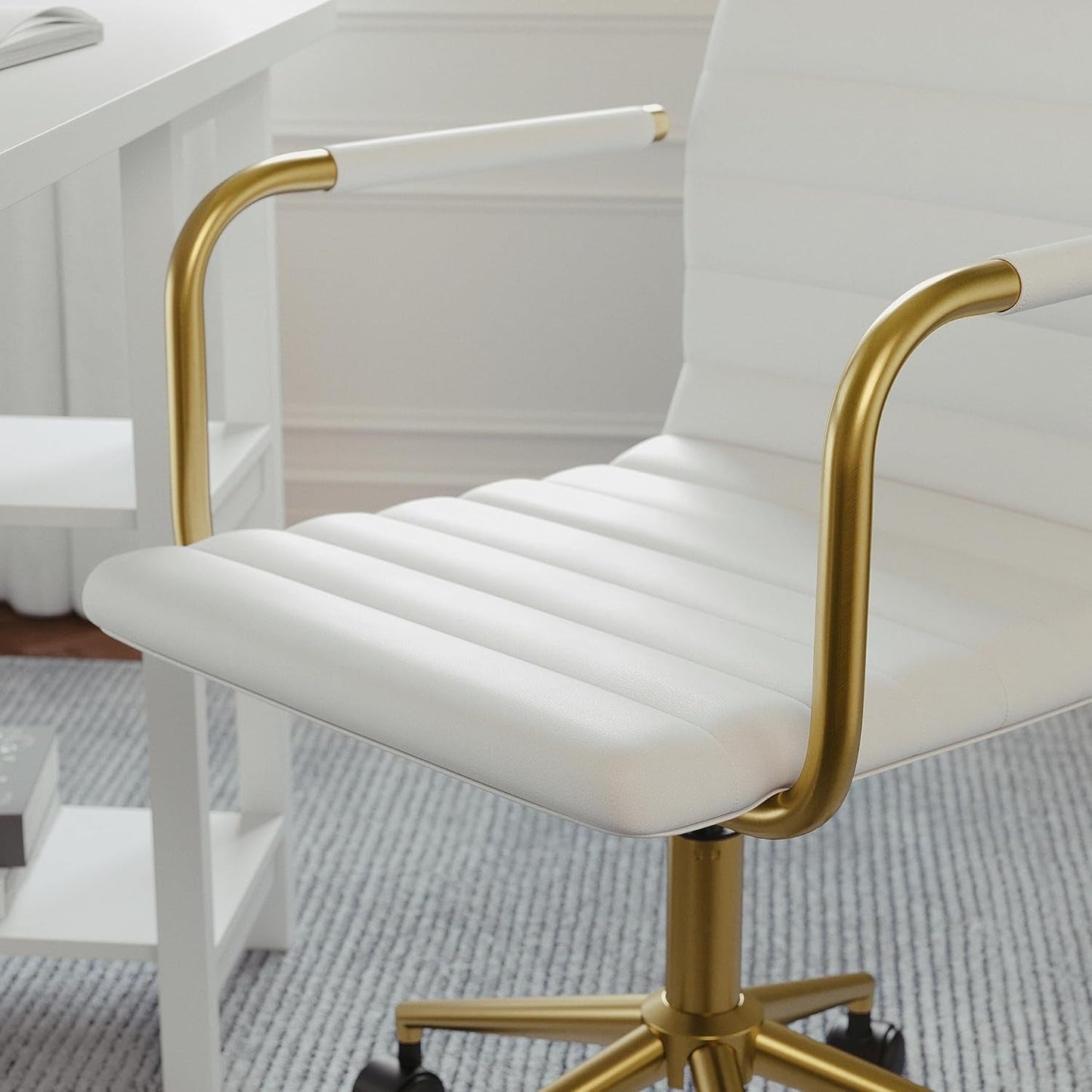 Taytum Swivel Task Chair White Faux Leather Brass Frame