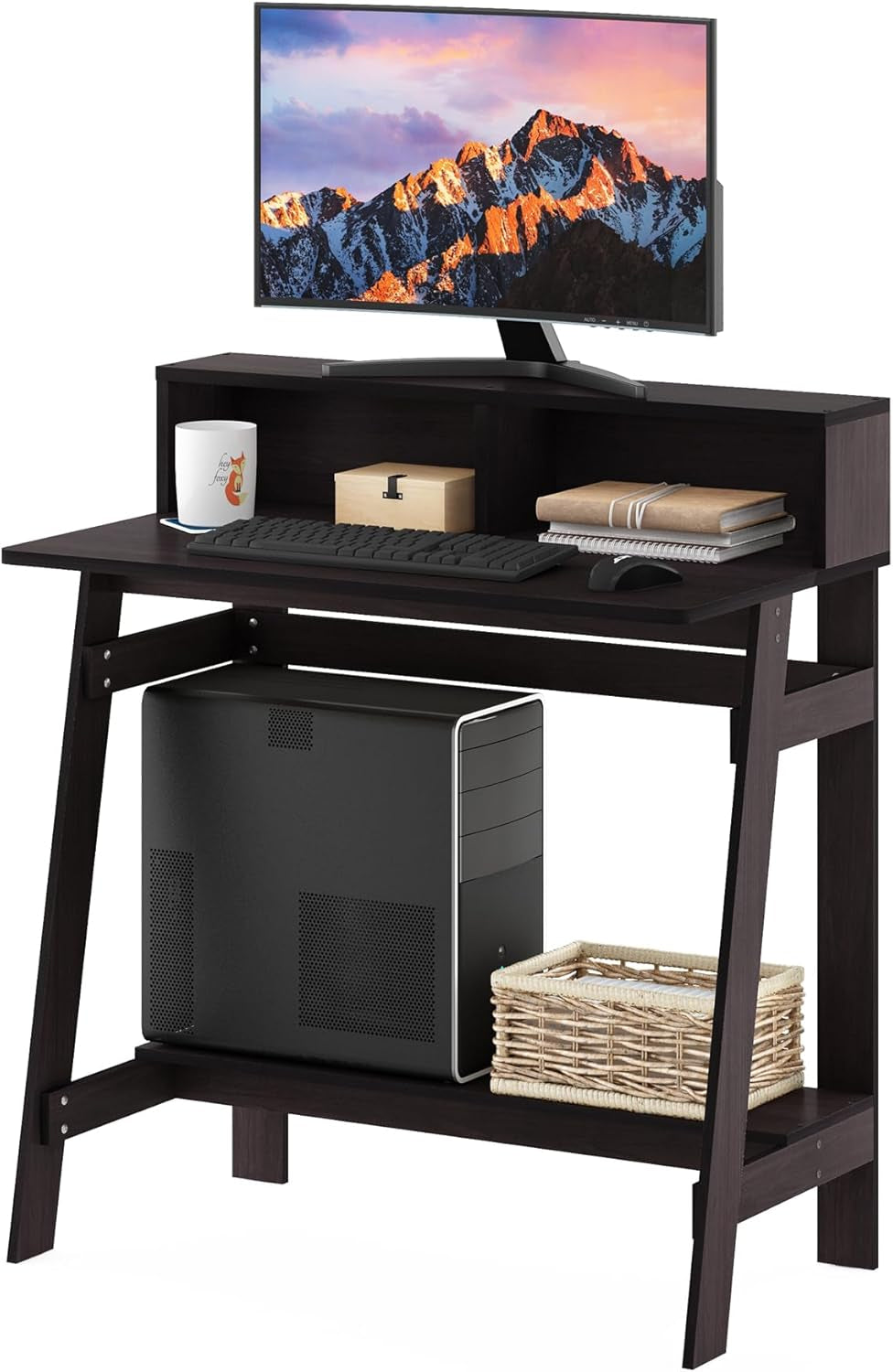 A Frame Computer Desk With Hutch In Dark Walnut Finish