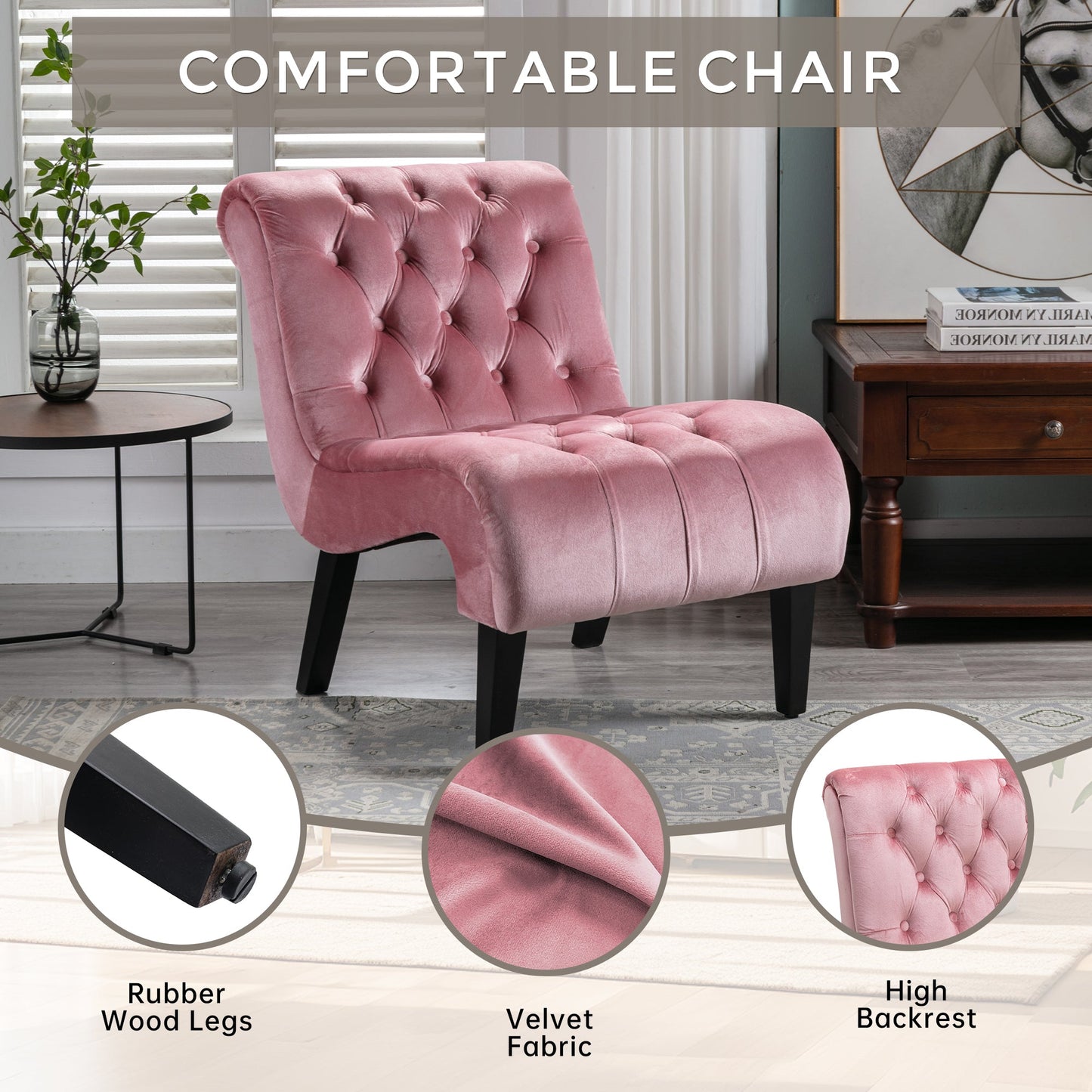 COOLMORE Modern Velvet Armless Accent Living Room Chair / Leisure Chair,Upholstered Fabric Button Comfortable Chair with Wooden Legs for Bedroom, Living Room, Office (Pink Velvet)
