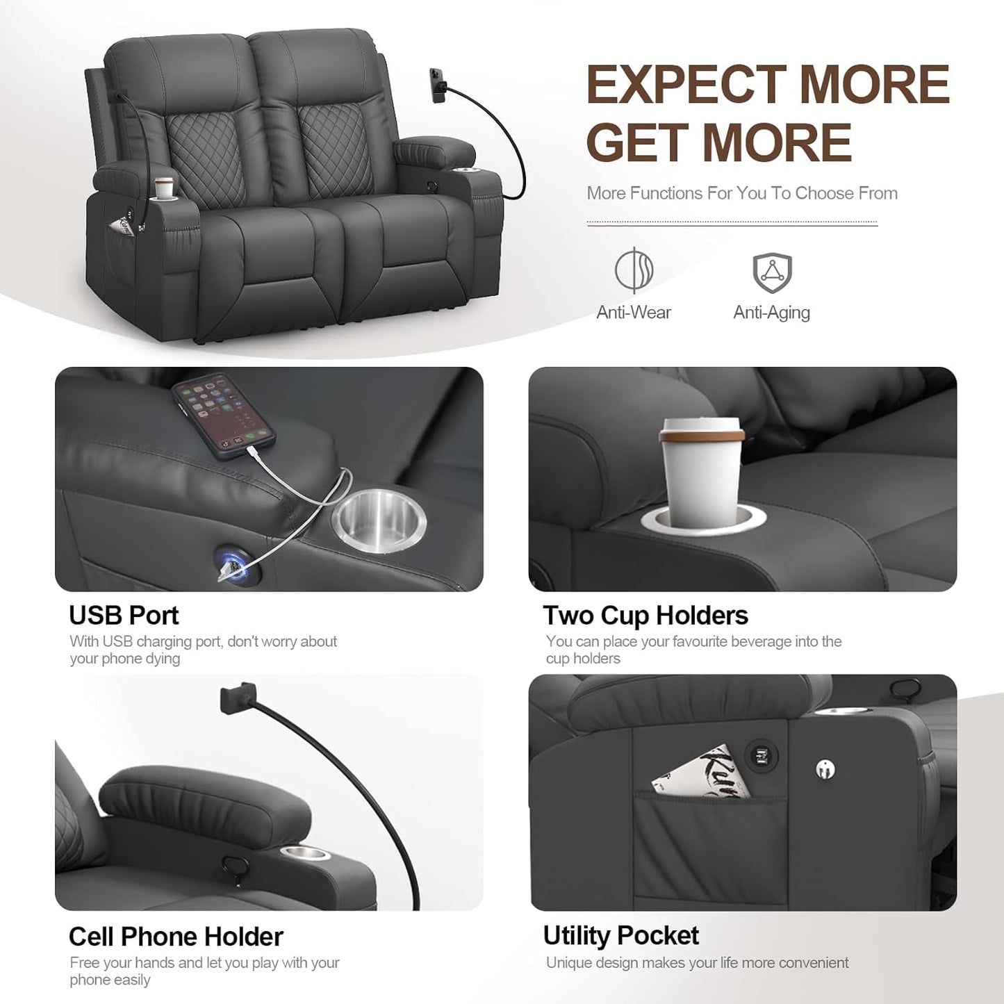 Gray PU Leather Two Seater Recliner Loveseat With USB Ports