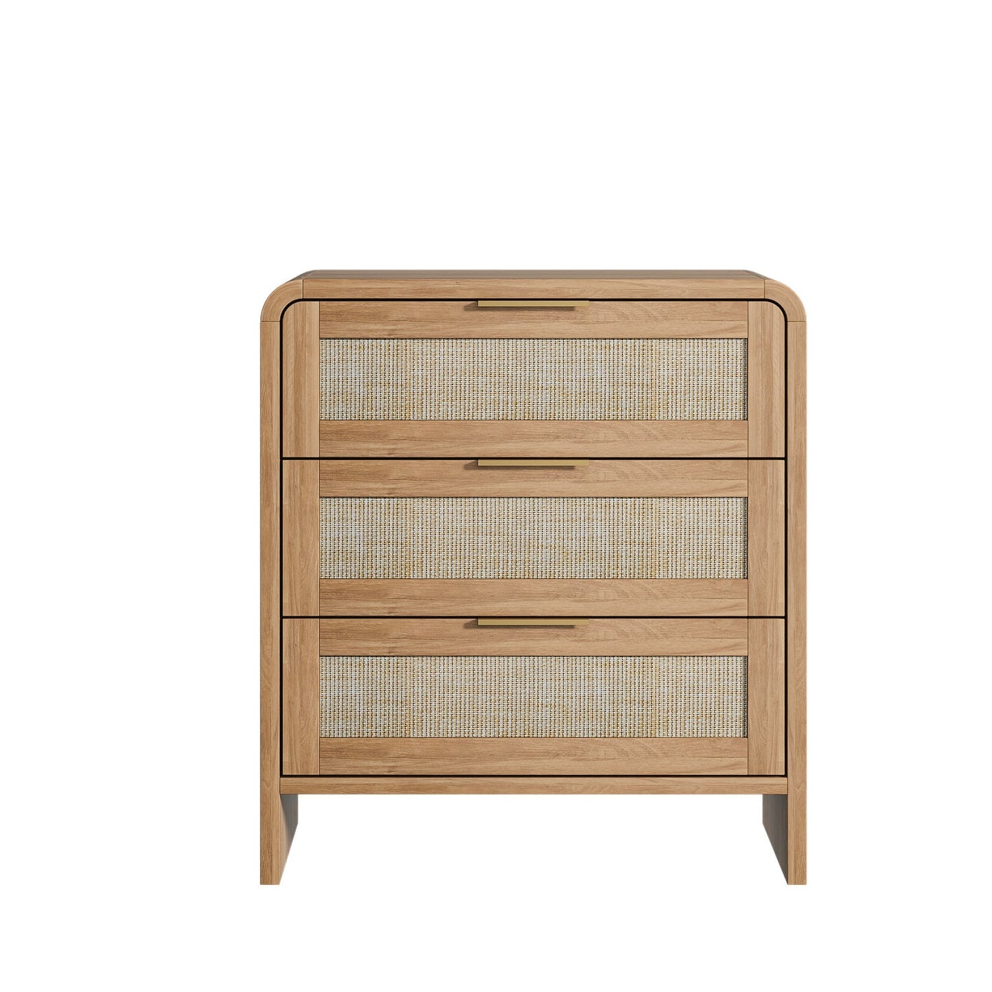Rattan Nightstand with 3 Drawers set of 2, 22.8' Wide Curved Wooden Bedside Table, Modern Storage for Bedroom, Caramel Oak.