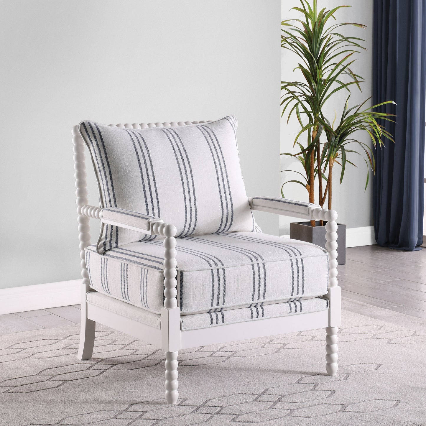 White and Navy Upholstered Stripe Accent Chair with Linen-Like Fabric