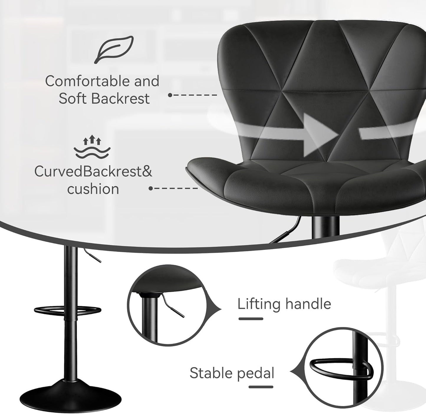 Bar Stools Set Of 2 Adjustable Swivel Faux Leather Black