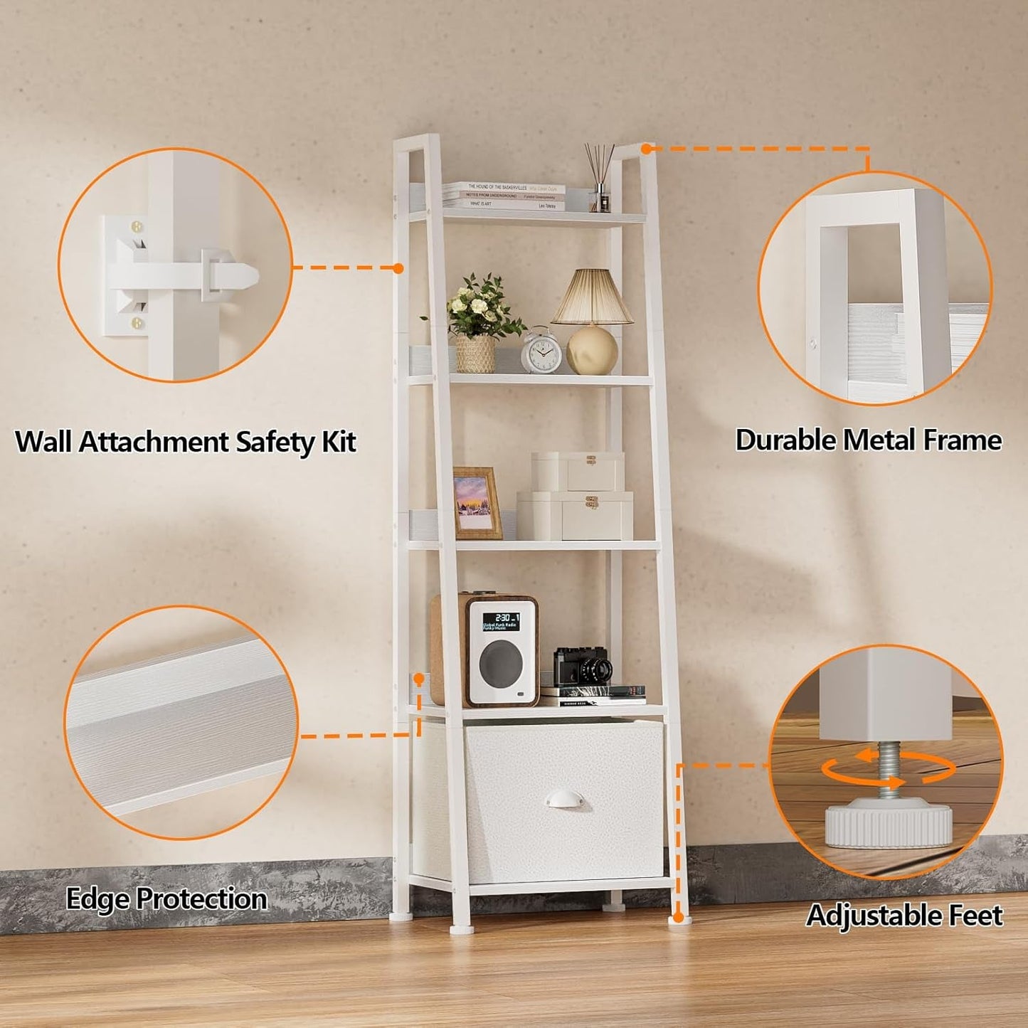 5 Tier White Ladder Shelf With Removable Fabric Drawer