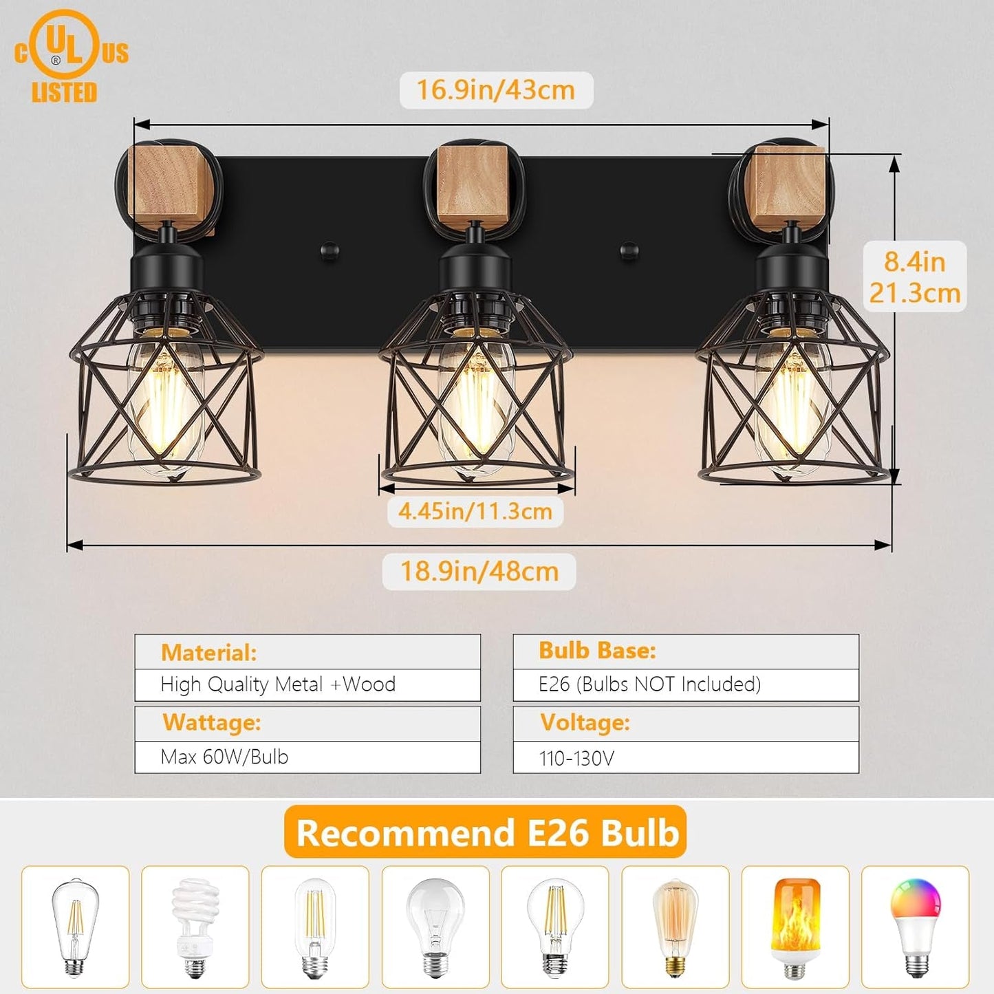 3-Light Wood Farmhouse Vanity Light