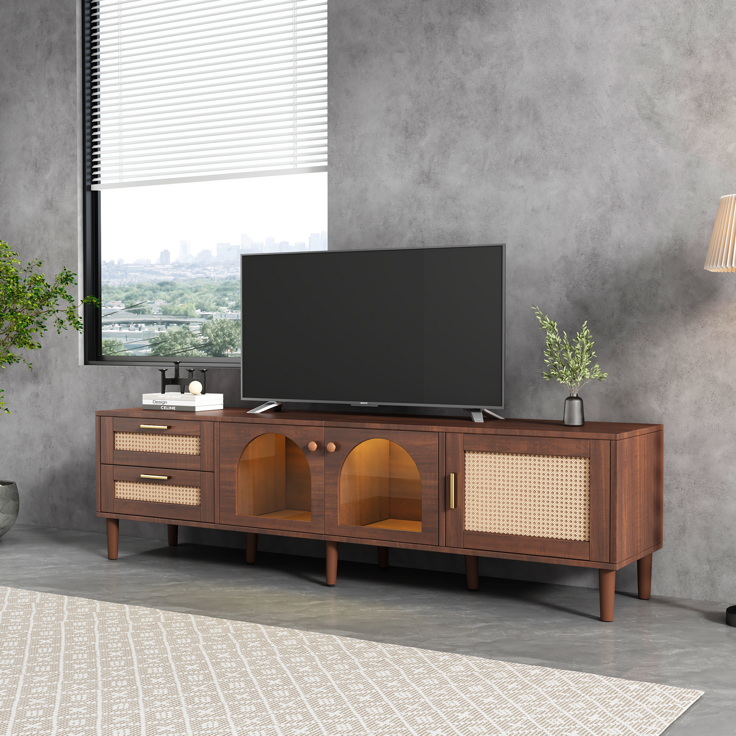 Rattan TV Stand with 3 Cabinets and 2 Drawers