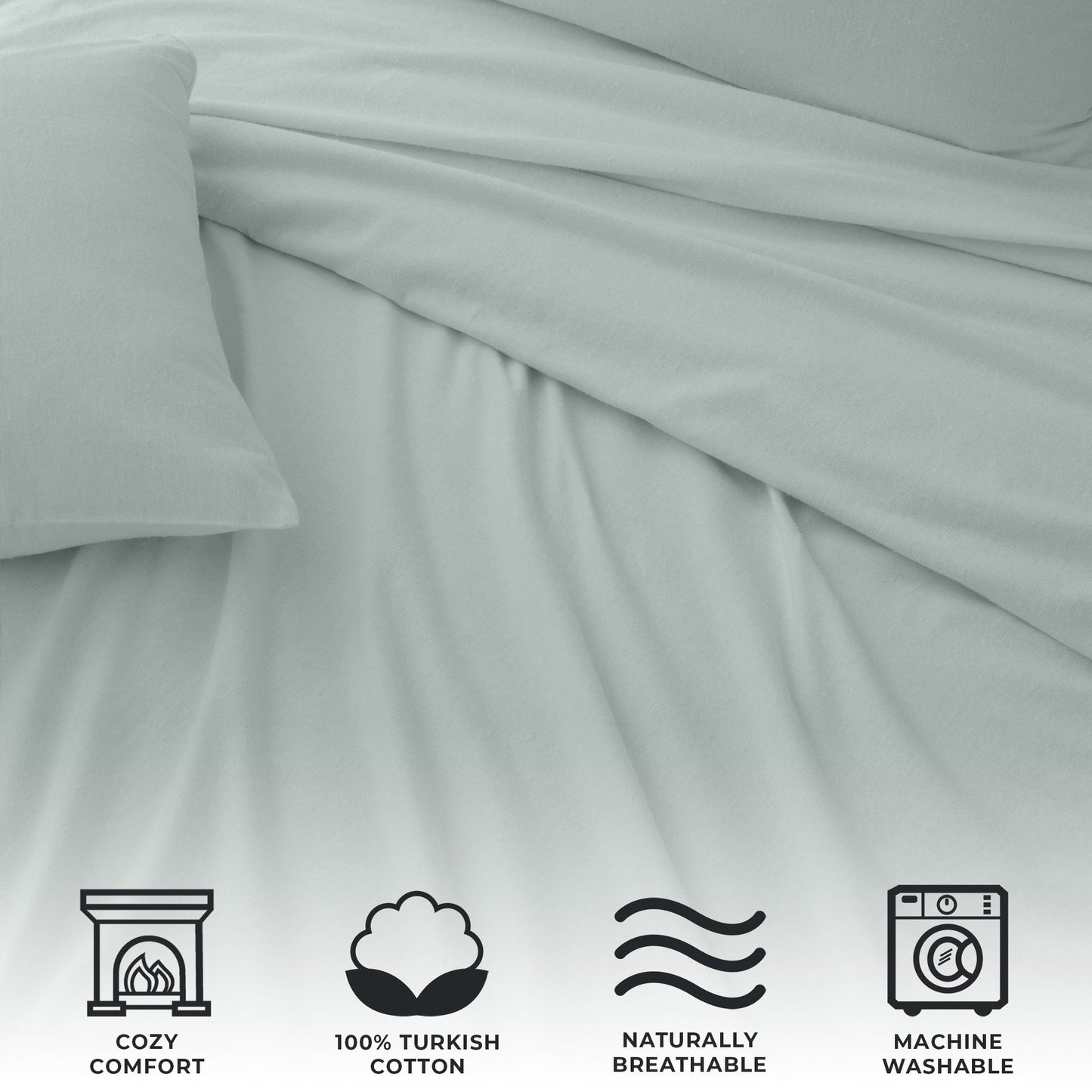 Gray fabric with icons indicating cozy comfort, 100% Turkish cotton, naturally breathable, and machine washable.
