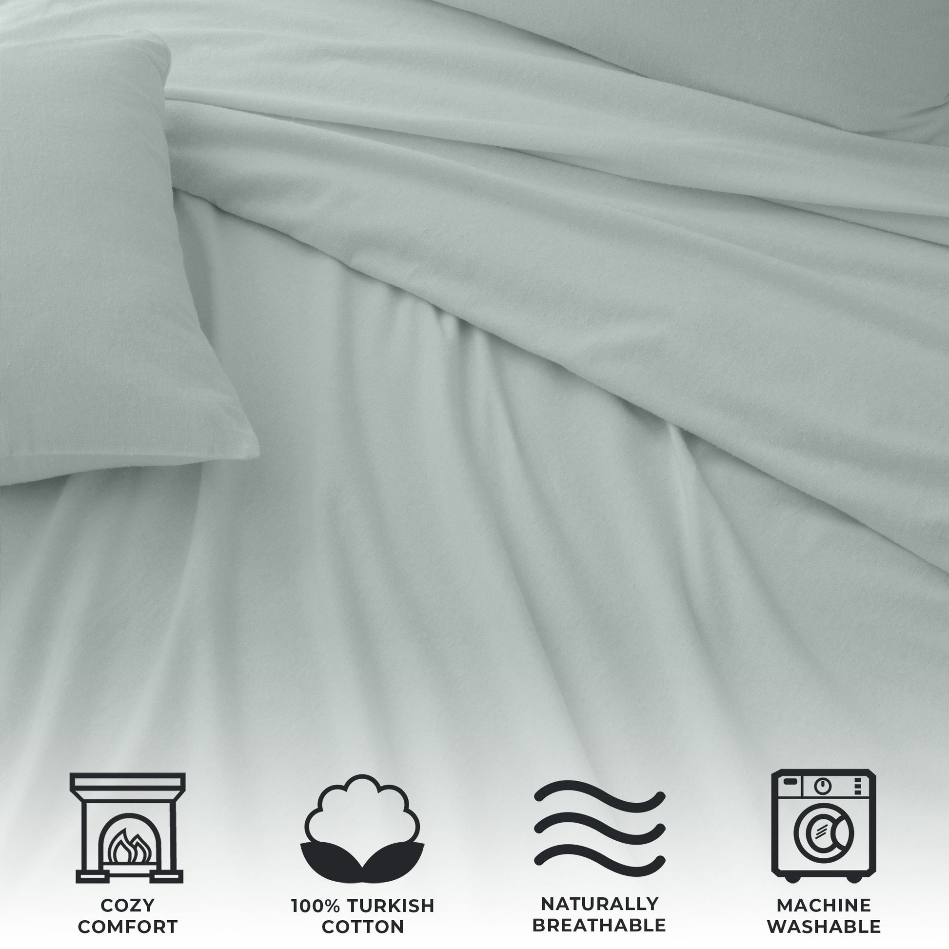 Gray fabric with icons indicating cozy comfort, 100% Turkish cotton, naturally breathable, and machine washable.