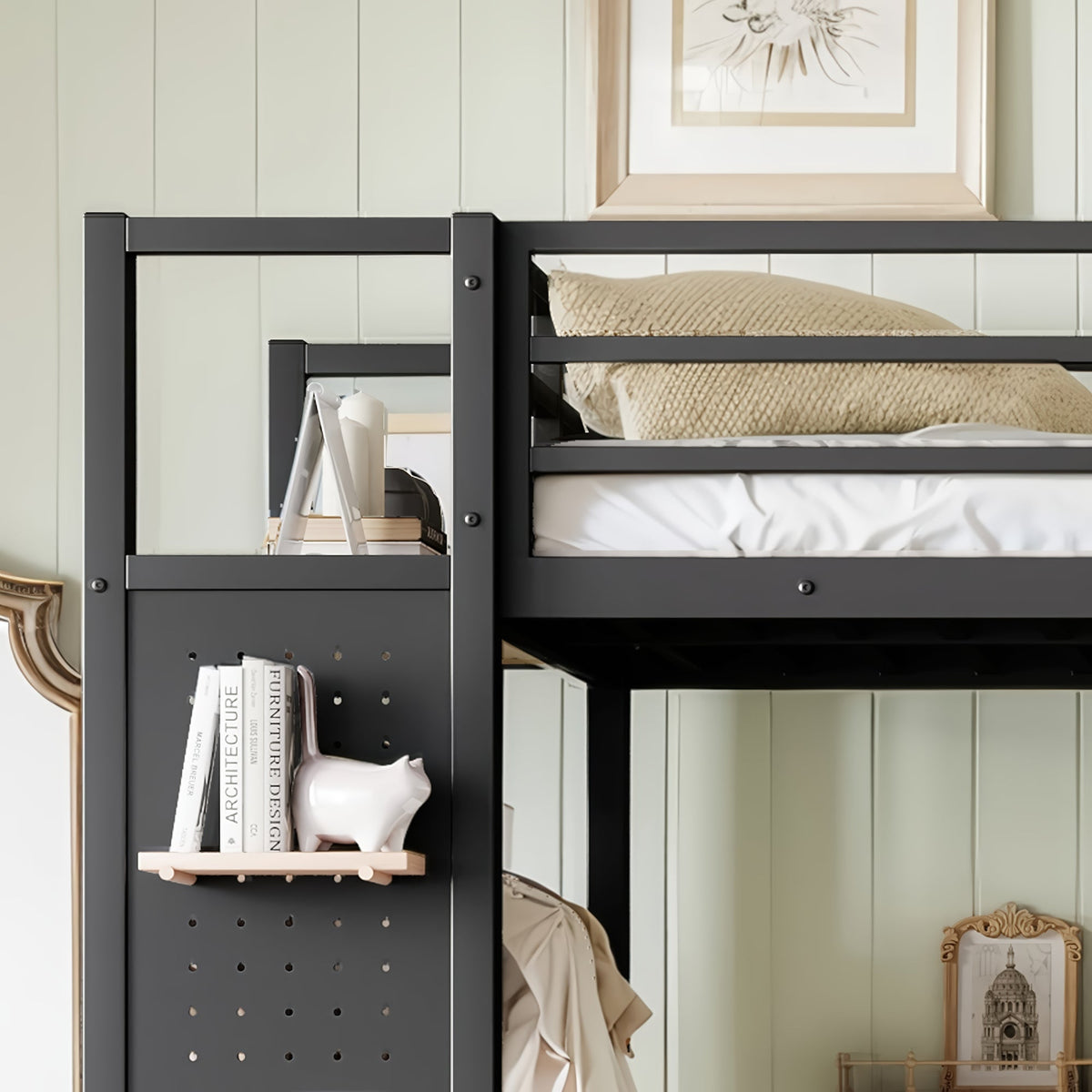 Twin XL Loft Bed Frame with Wardrobe, Metal Loft Bed