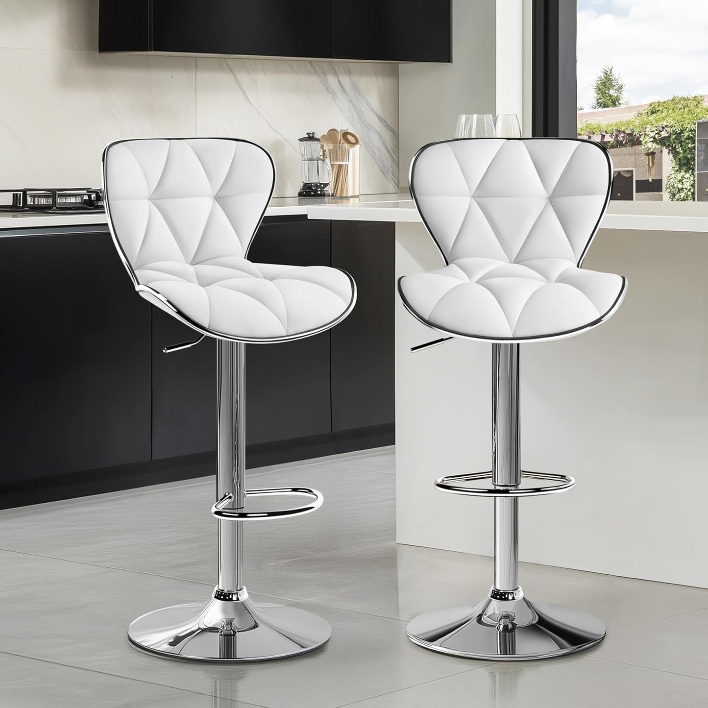 Bar Stools Set Of 2 White PU Leather Adjustable Swivel