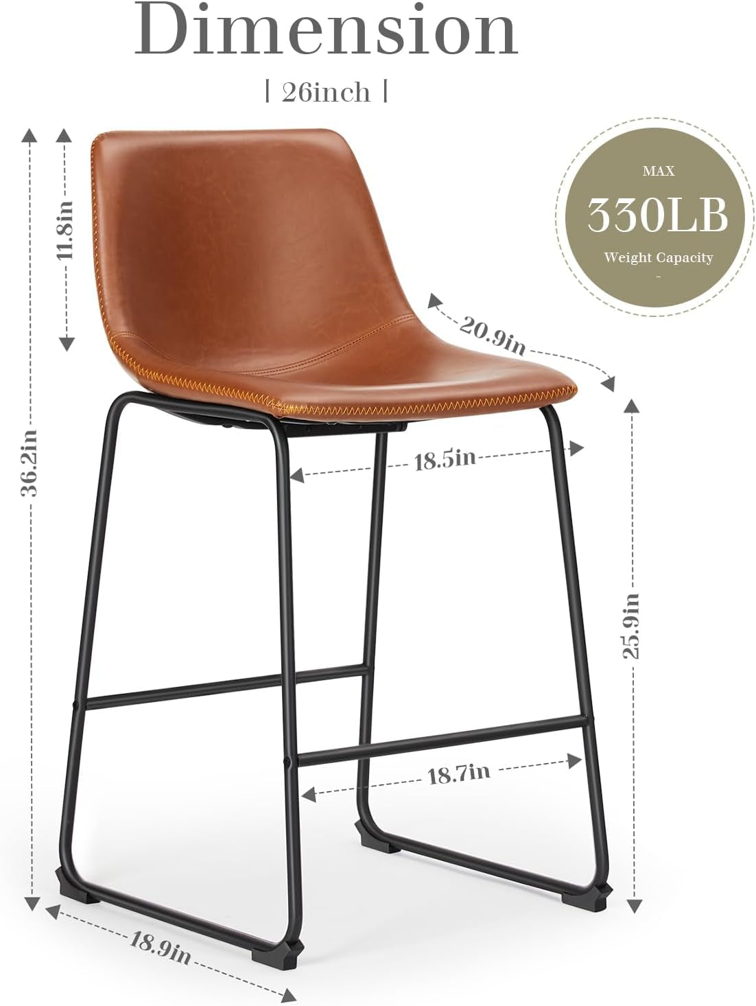 26 Inch Counter Height Bar Stools Set Of 4 With Back Brown Faux Leather And Metal Legs