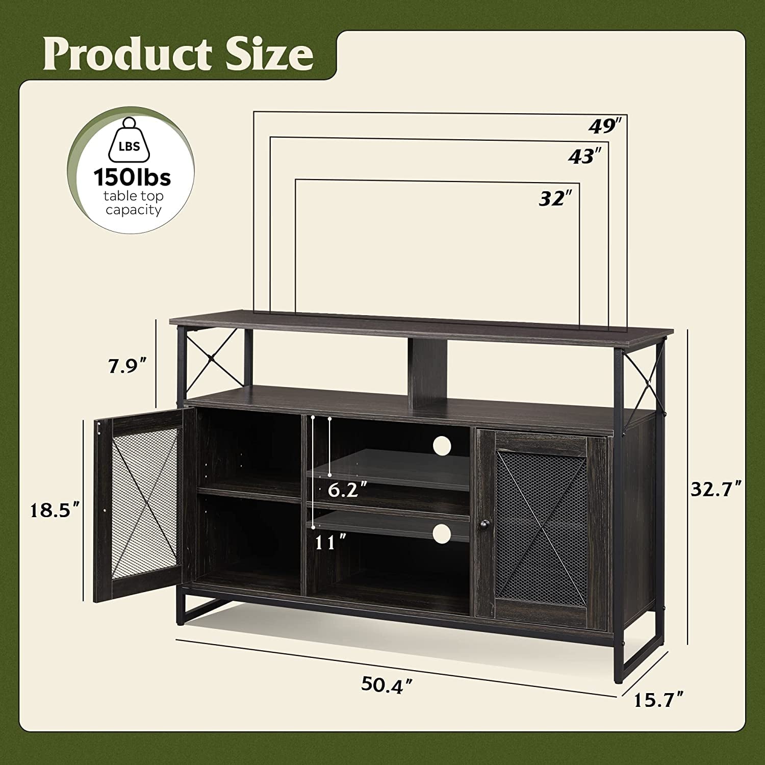 55 Inch TV Stand With Storage Console Industrial Farmhouse dimensions and specifications image.