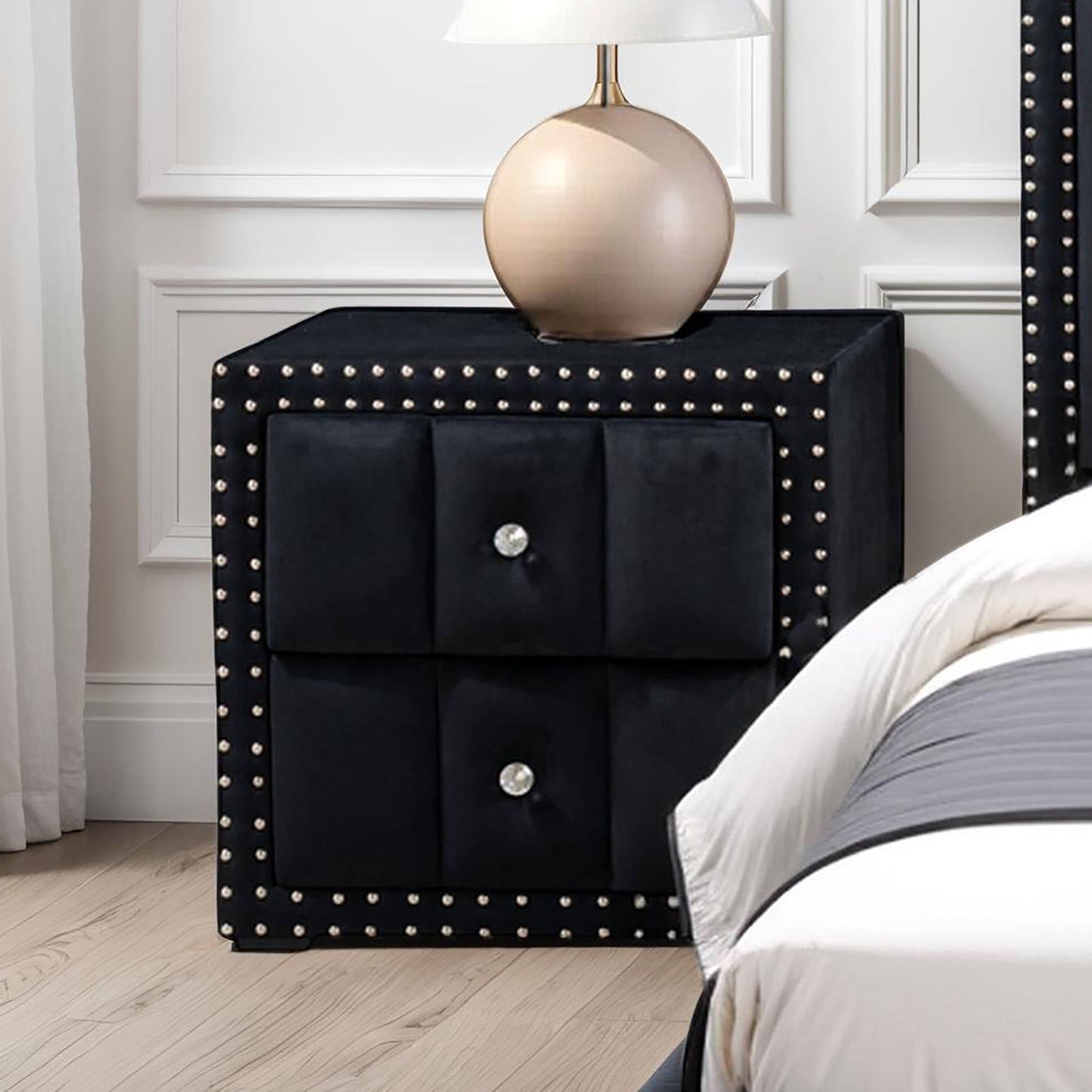 Queen Size Bed And 2x Nightstands Bedroom Furniture Luxury Look Black Fabric Upholstered Bedframe w LED Nailhead Trim 3pc Bedroom Set